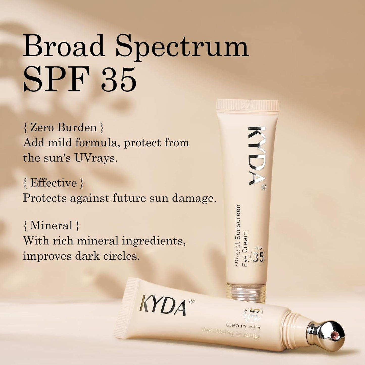 KYDA Mineral Sunscreen Eye Cream, 3-in-1 Anti-Aging Eye Cream, SPF 35, for Dark Circle and Fine Lines, Light
