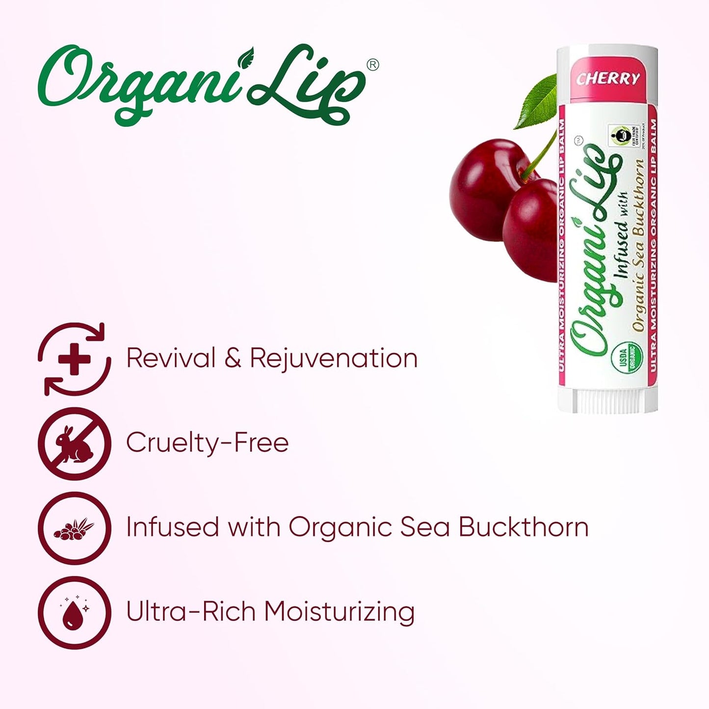 OrganiLip USDA Certified Organic Lip Balm for Nourishing Cracked or Dry Lips - All-Day Ultra Moisturizing Lip Care in Oval Shaped Tubes - 3-Pack (Cherry)