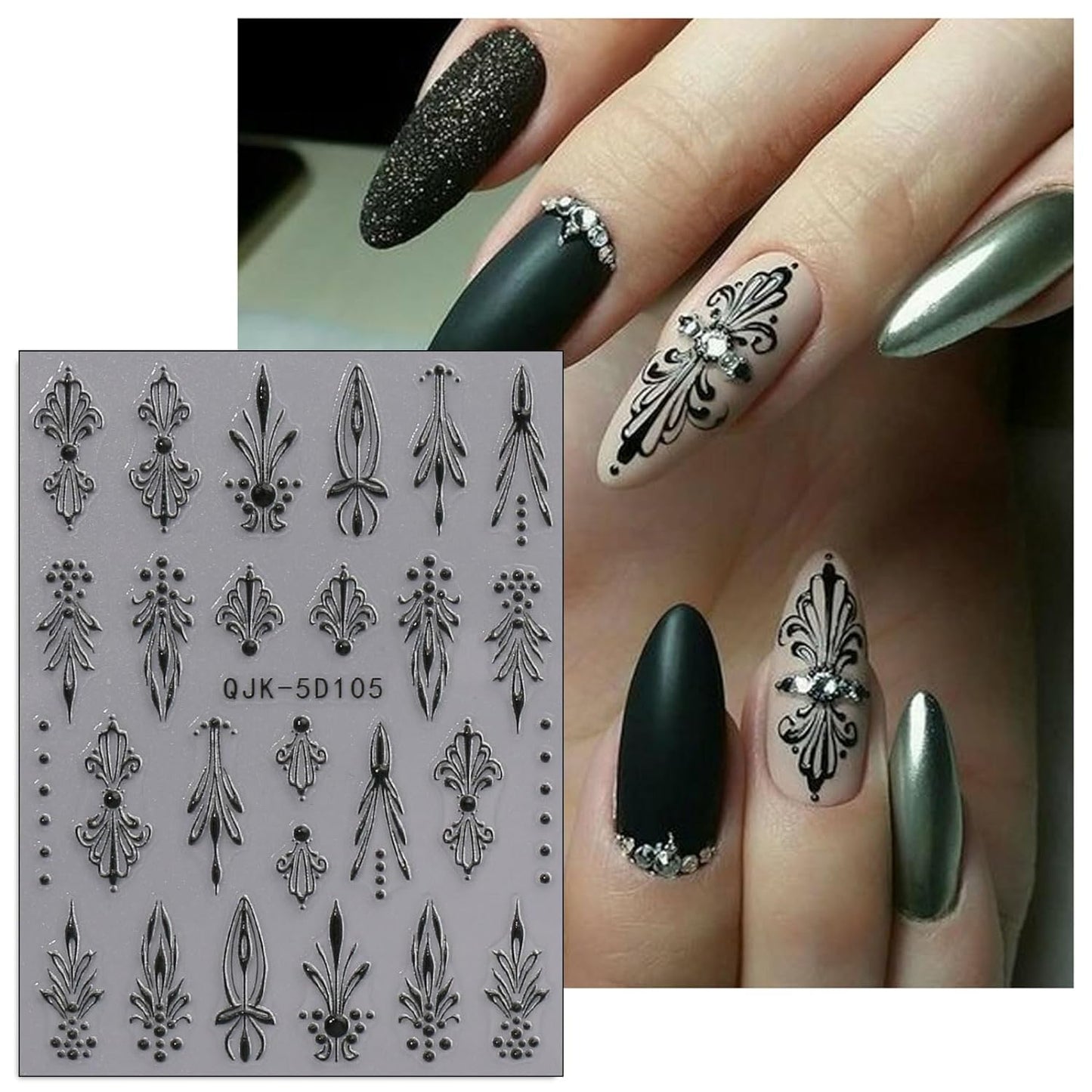 JMEOWIO 3D Embossed Black White Flower Nail Art Stickers Decals Self-Adhesive Pegatinas Uñas 5D Leaves Lace Nail Supplies Nail Art Design Decoration Accessories 4 Sheets