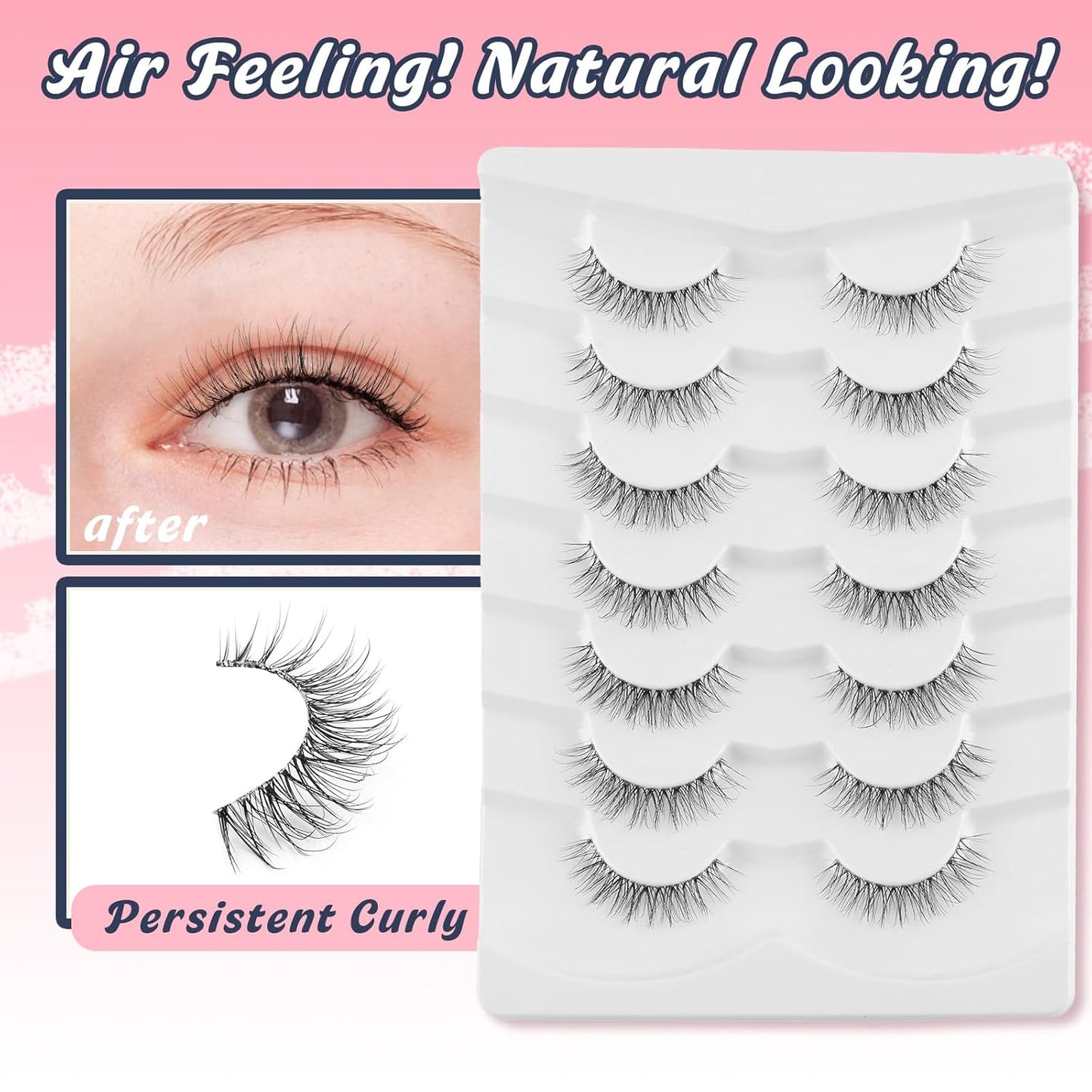 Natural Lashes False Eyelashes 12 MM Short Lashes WIspy 3D Volume Fake Eyelashes Pack C Curl Soft Eye Lash with Thin Cotton Band 7 Pair False Lashes Siligli