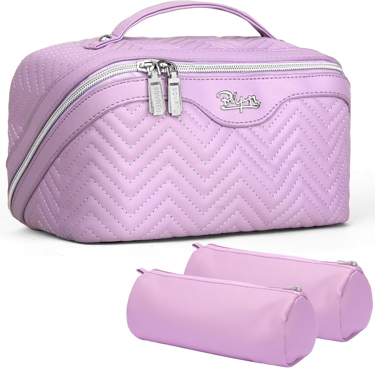 Travel Makeup Bags Cosmetic Organizer Bag: Quilted Make up Bag Set of 3 - PU Leather Toiletry Bags for Women - Portable Makeup Organizer with Compartments & Handle & Divider (14-Purple)