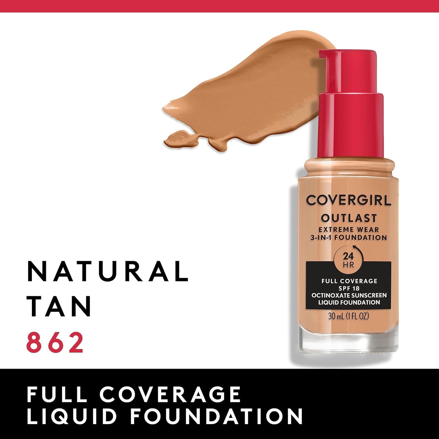 Covergirl Outlast Extreme Wear 3-in-1 Full Coverage Liquid Foundation, SPF 18 Sunscreen, Natural Tan, 1 Fl. Oz.