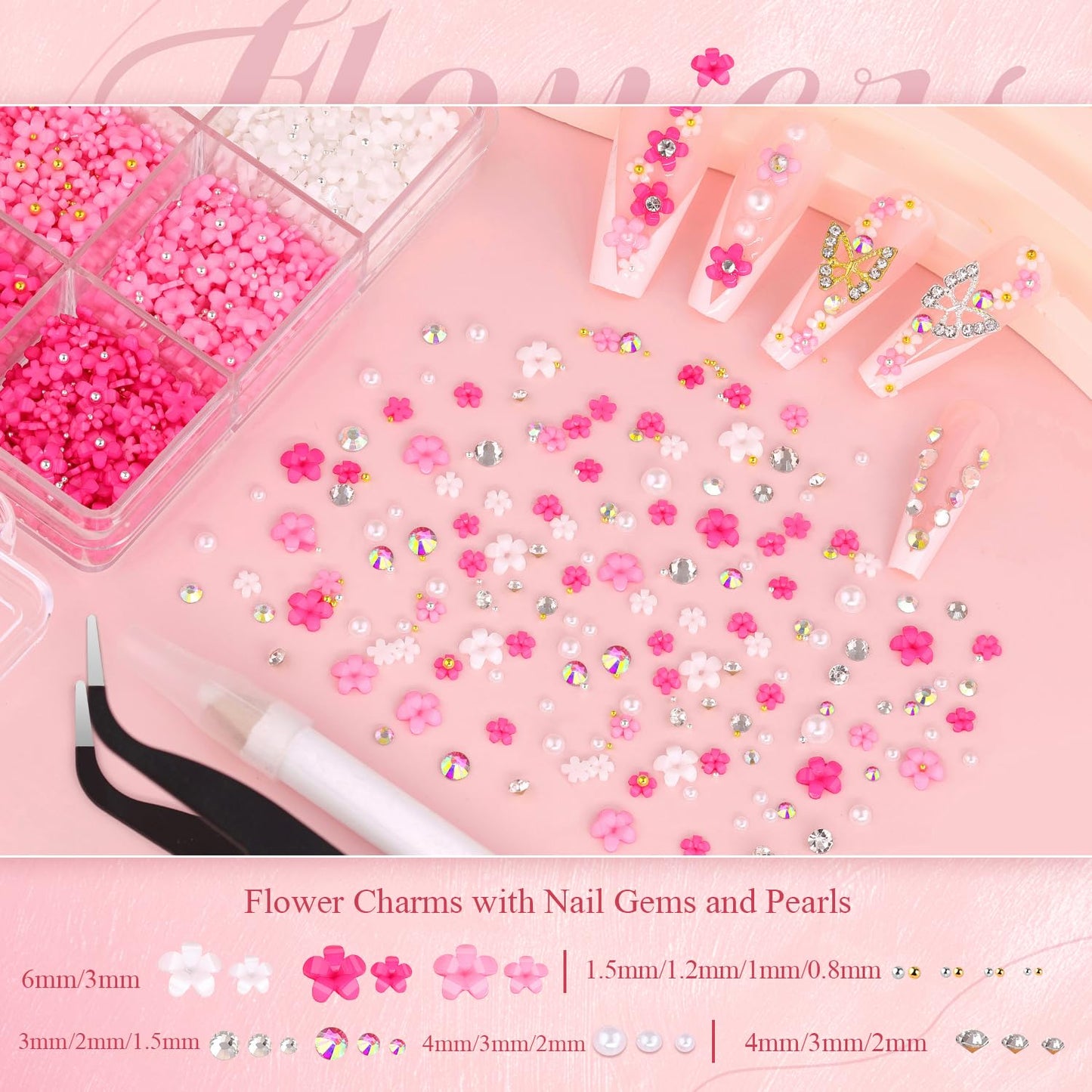 3D Nail Charms and Gems Set 1, 20PCS Gold and Silver Chunky Butterfly Charms With Rhinestones, 3D Flowers, Flatback Crystals, Pearls, Diamonds + Picker Tool for Y2K Nail Decoration