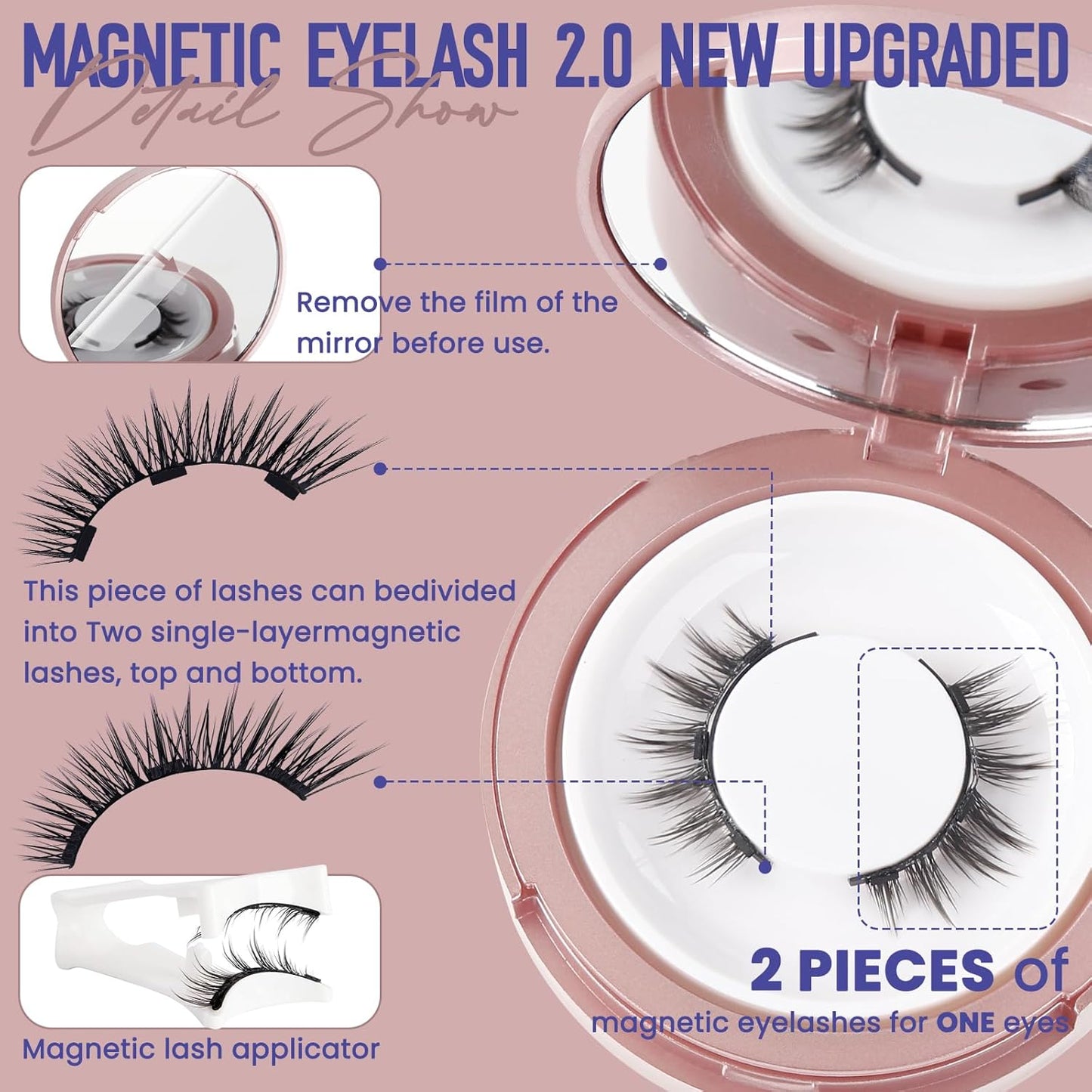 Magnetic Eyelashes with Applicator Reusable Magnetic Lashes No Glue Needed Eyelashes Natural Look With Applicator and Mirror 2 Pairs