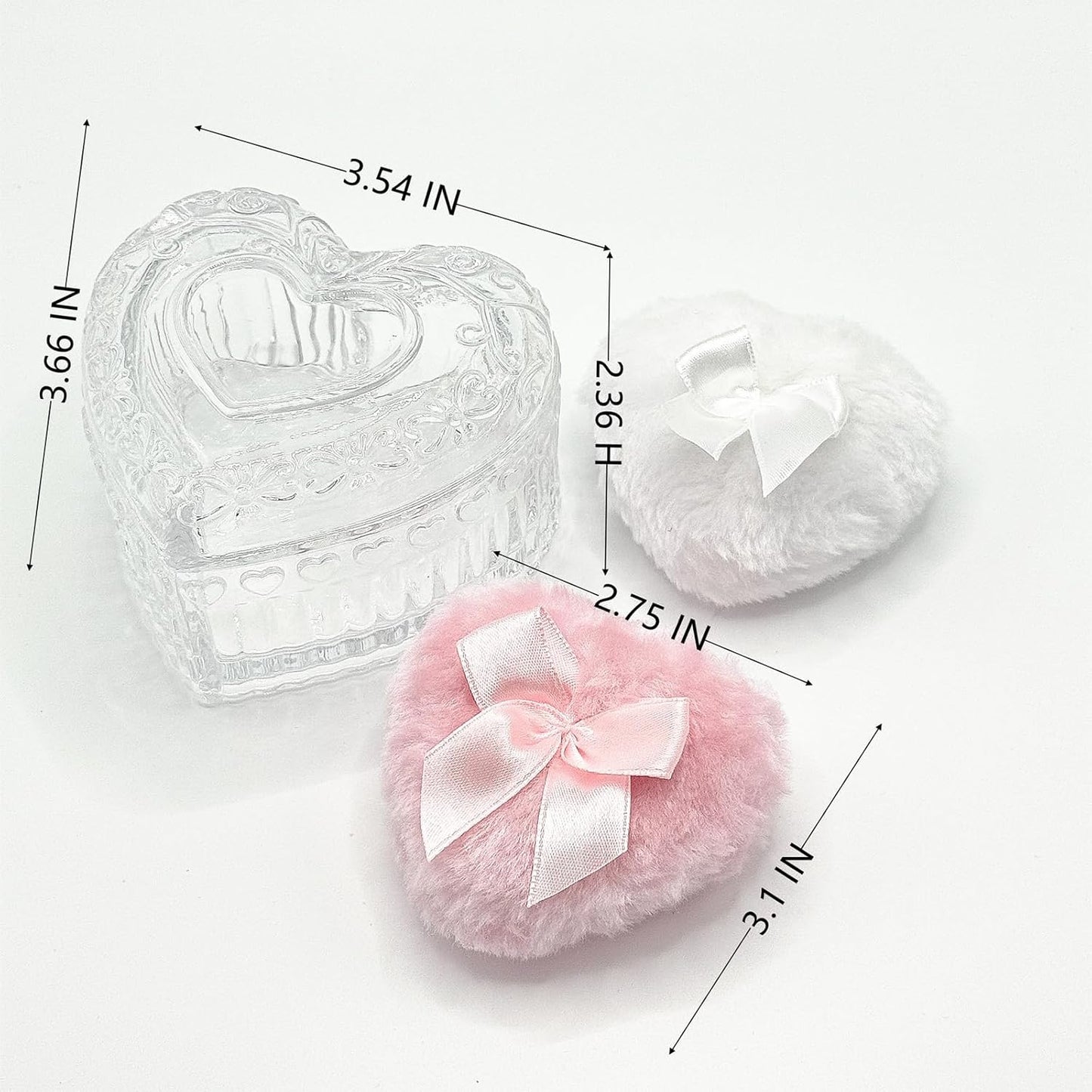 Body Powder Puff and Container - Glass Heart Dusting Powder Container with 2 Soft Puffs – Vintage Powder Puff Case for Women & Girls-GRB007-Transparent