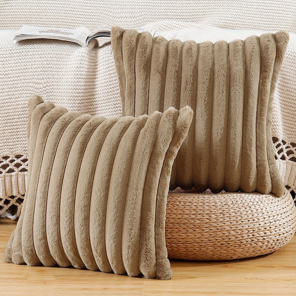 MADIZZ Set of 2 Faux Wool Plush Decorative Throw Pillow Covers 18x18 Inch Brown Fluffy Striped Soft Decorative Cushion Cover for Sofa Bedroom Pillow Shell