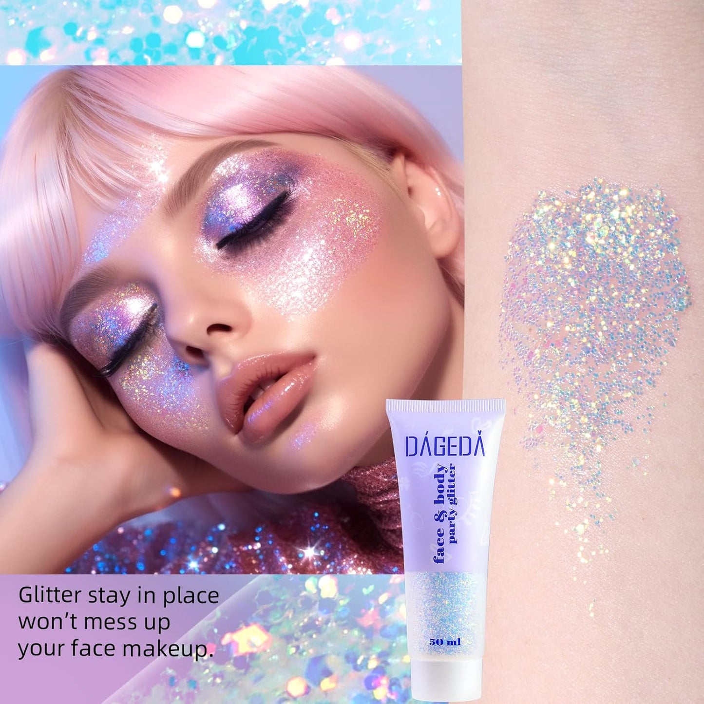 DAGEDA Body Glitter Gel, Holographic Face Glitters Body Gel Shimmer Liquid Eyeshadow, Color Changing Glitter for Face Hair Nails, Glitter Under Light Festival Glitter Makeup 1.7oz (Galaxy Blue)