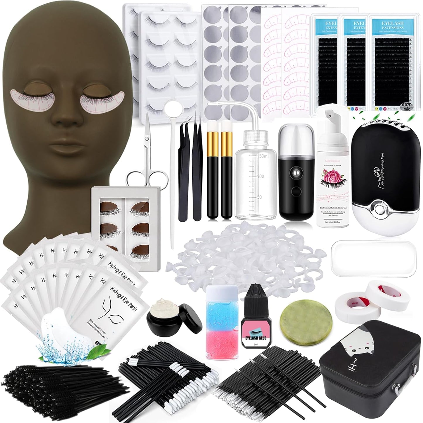 Lash Extension Kit Eyelash Practice for Beginners Professional Set with Mannequin Head Removable Eyelids USB Fan Spraye Individual False Lash Eyelash Strips Shampoo Brush Supplies Storage box