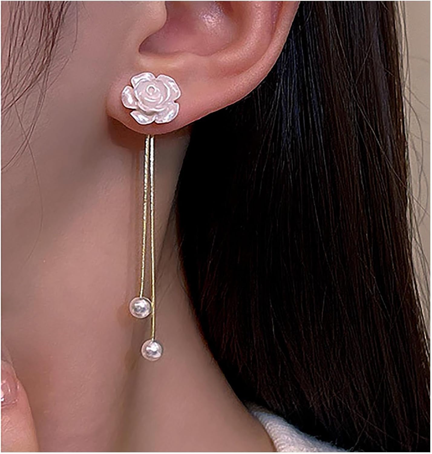 Vintage Flower Pearl Drop Earrings Long Tassel Pearl Earrings White Camellia Stud Earring Gold Pearl Chain Dangle Earrings Jewelry for Women