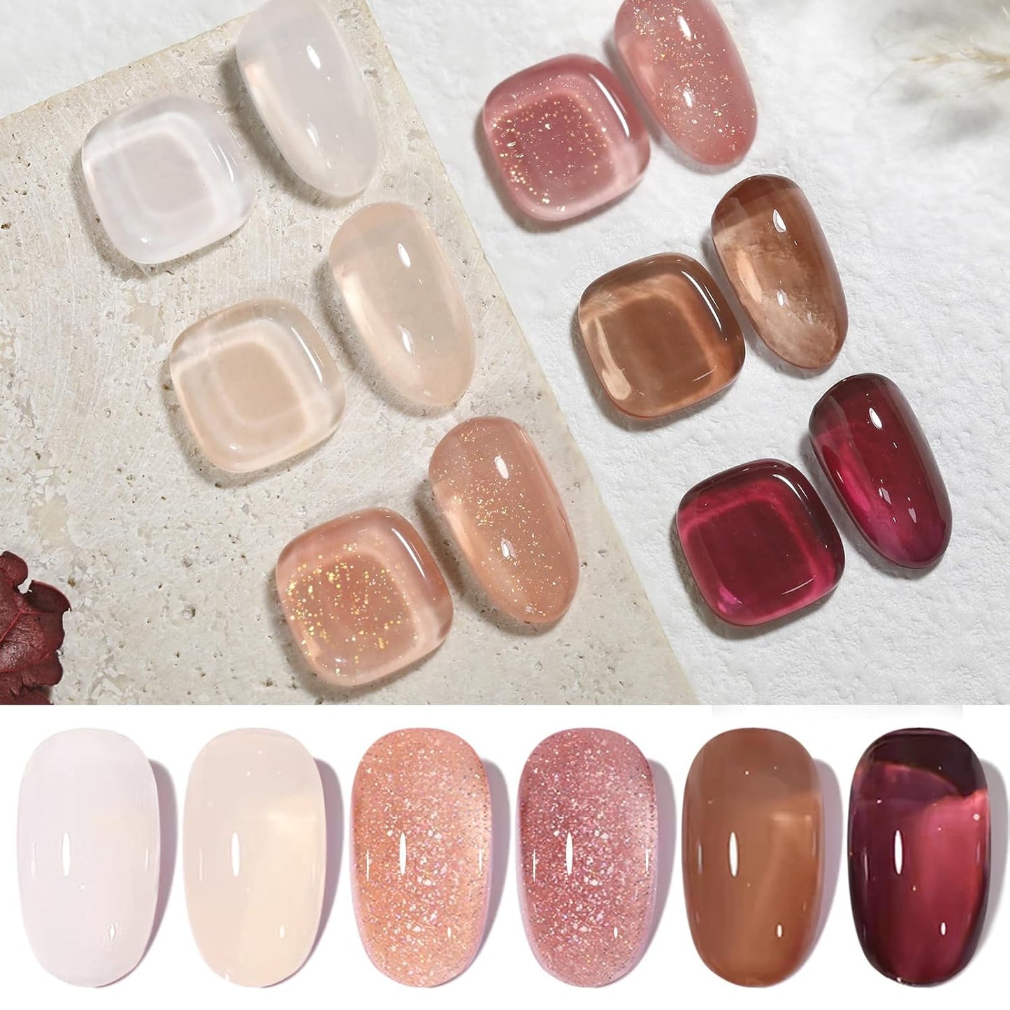 Born Pretty Jelly Gel Nail Polish Fall Winter Brown Nude Dark Wine Red Sheer Gel Nail Polish, Crystal Transparent Gel Polish Nail Art Manicure DIY Salon and Home 7ML 6PCS