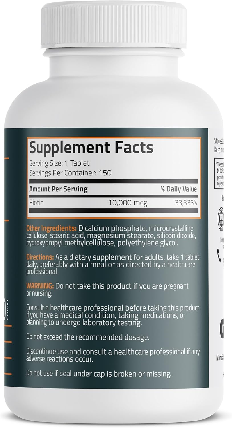 Bronson Biotin 10,000mcg, Supports Healthy Hair, Skin and Nails, Vegetarian, Non-GMO, 150 Tablets