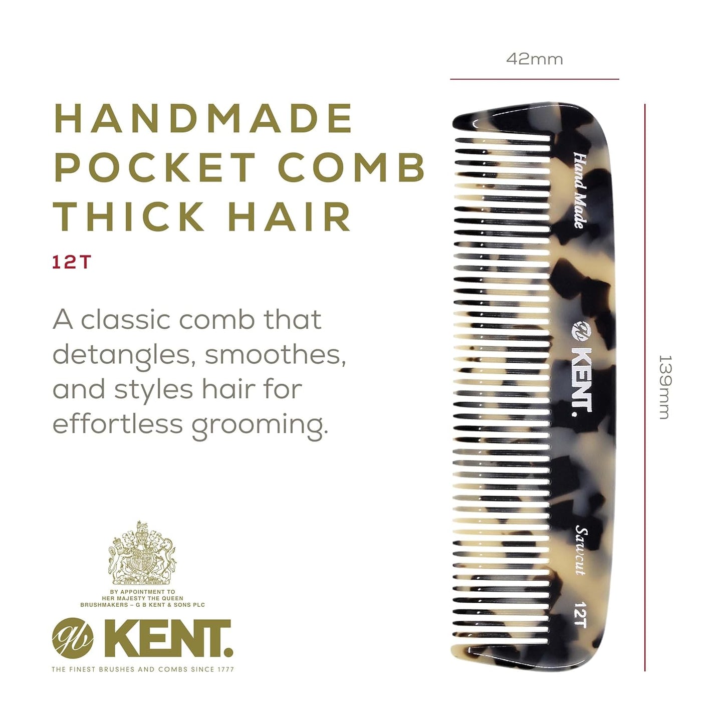 Kent 12T TW Wide Tooth Detangling Comb - Handmade Pocket Comb for Thick, Curly, and Wavy Hair, Grooming Beard and Mustache