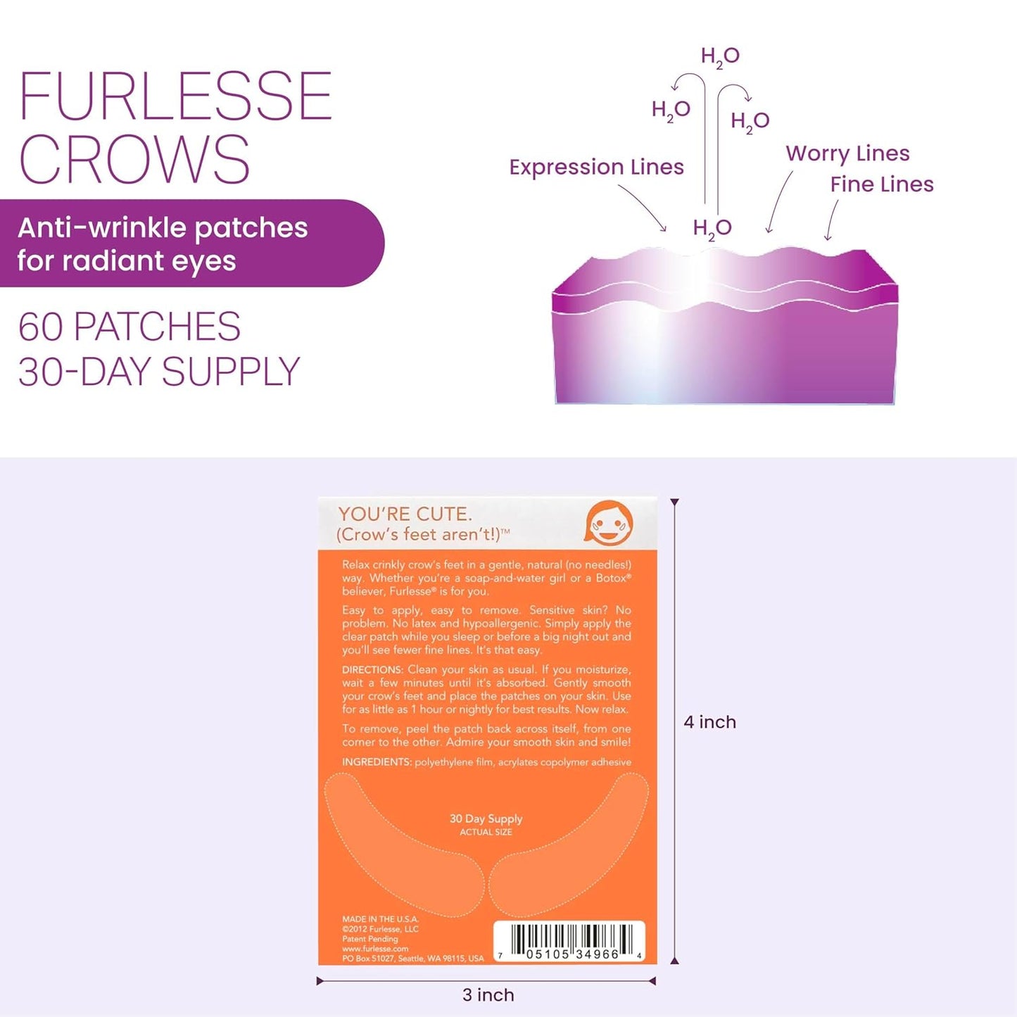Furlesse Crows Wrinkle Patches, Overnight Eye Patches for Wrinkles and Crow’s Feet Lines, Non-invasive Anti-Wrinkle Patches, Anti-aging Skincare, 60 Patches, 30-Day Use