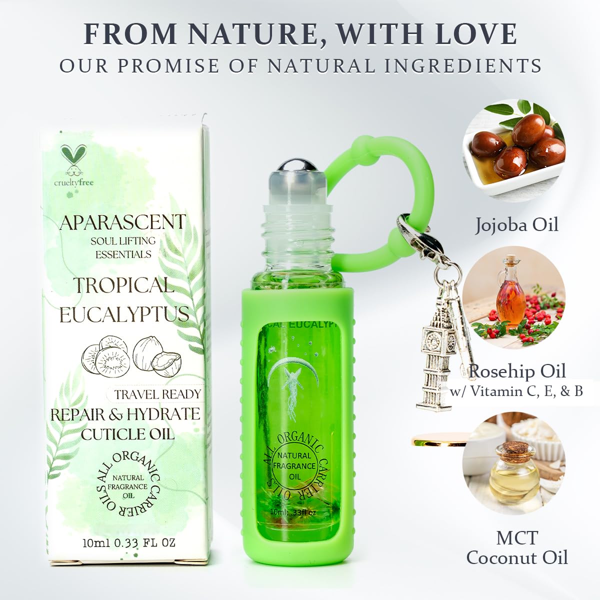 Tropical Eucalyptus Organic Nail Cuticle Oil Pen with Jojoba, Coconut MCT, and Rosehip for Nail Hydration, Growth & Strength, Travel Size Keychain(0.34 Fl Oz)