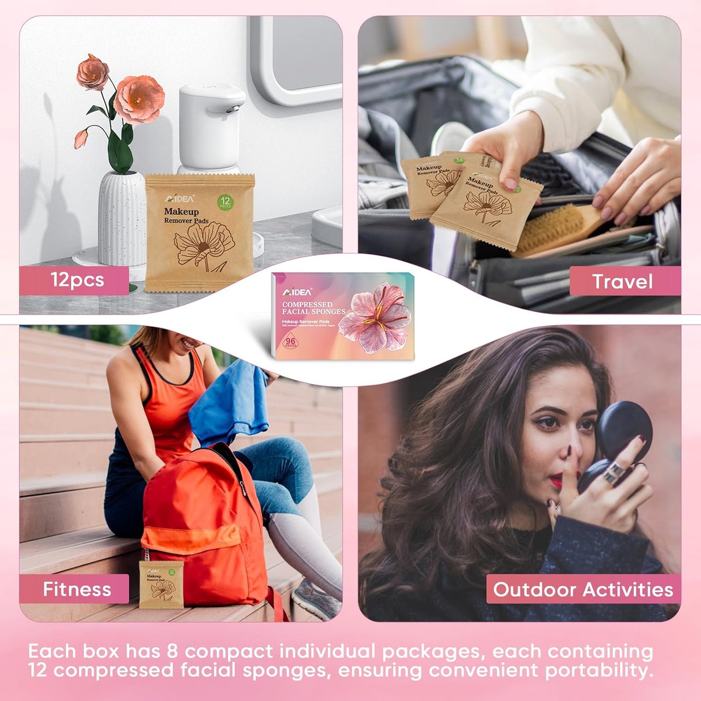 AIDEA Compressed Facial Sponges 96Count Pink, Travel Essentials Makeup Sponges, 100% Natural Cellulose Cosmetic Spa Sponges for Facial Cleansing, Exfoliating, Makeup Remover Pads