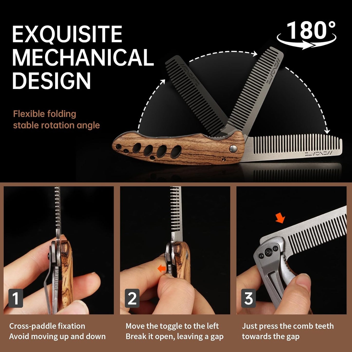1PC Folding Pocket Beard & Hair Comb for Men - Stainless Steel Tactical Grooming Tool with Wooden Handle, EDC Pocket Comb with 180° Rotatable for Travel & Daily Styling