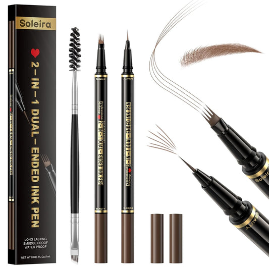 Eyebrow Pen, Soleira Waterproof Eyebrow Pencil with 4 Tip Microblading Eyebrow Pen and Dual-ended Eyebrow Brush, for Natural-Looking Brows, Long-Lasting, Ash Brown
