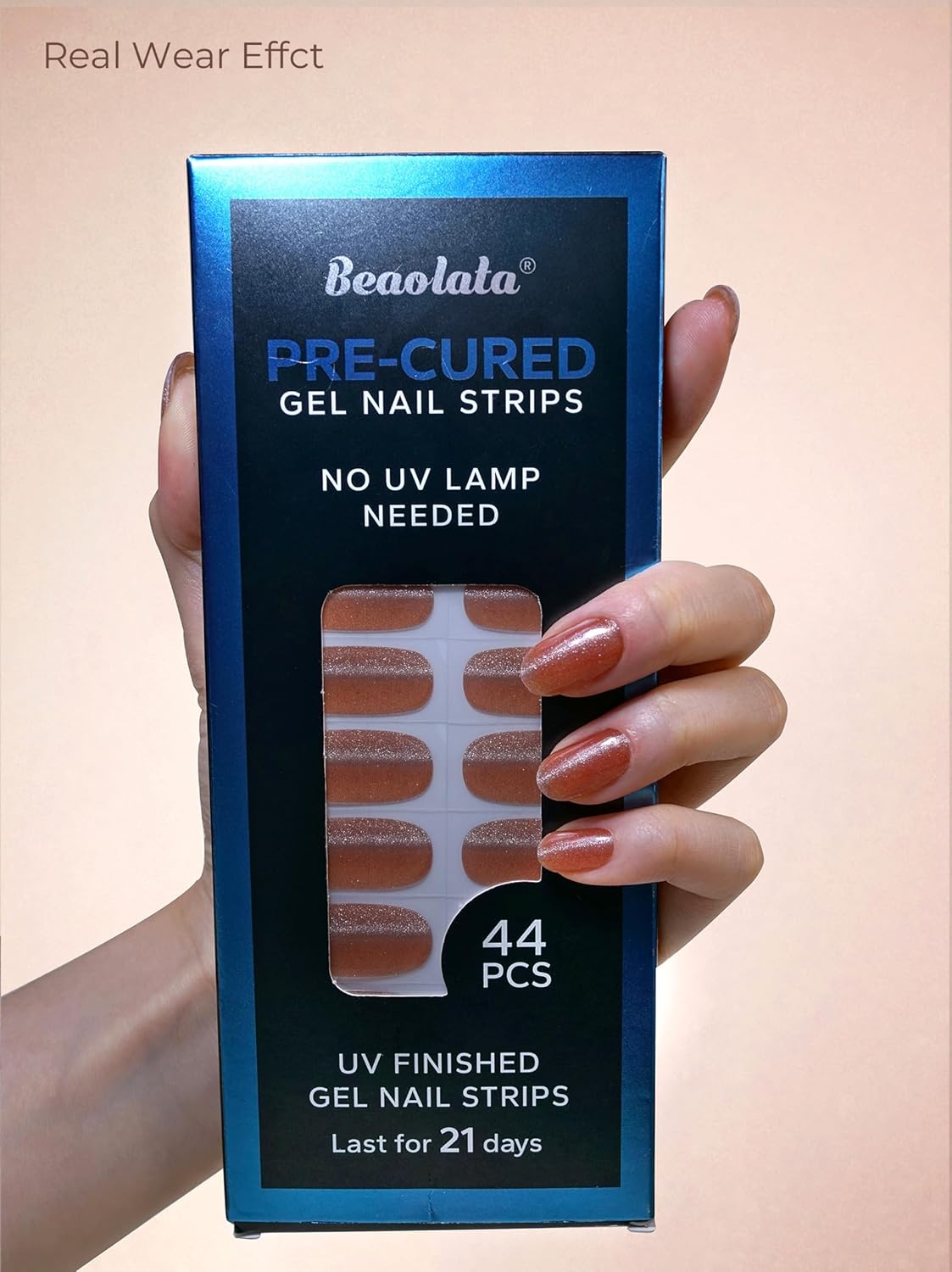 Pre Cured Gel Nail Strips - 44PCS Salon Quality Gel Nail Stickers - Long Lasting Polish Wraps for Women no UV Light Needed Easy Apply& Remove (Solar Gold)