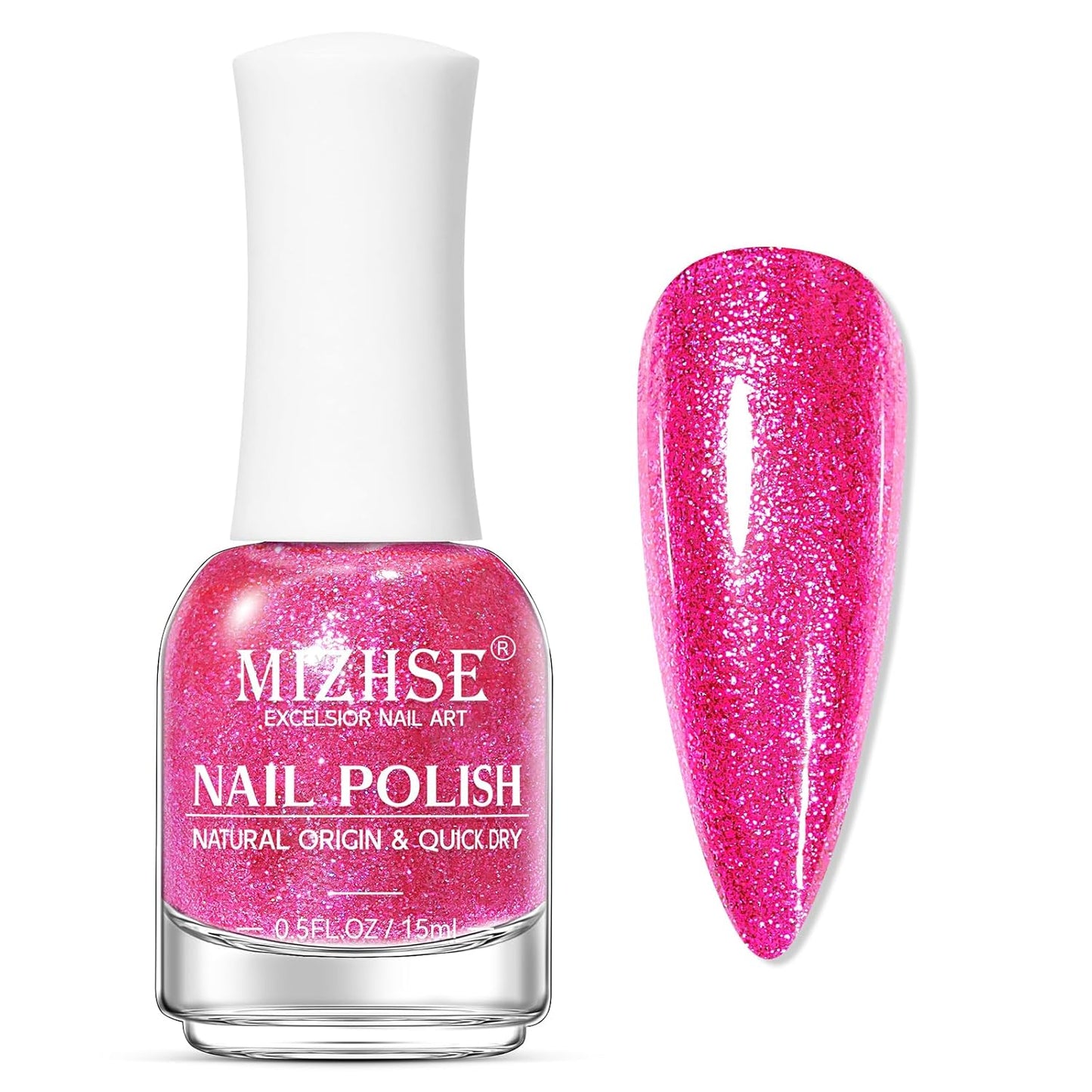 MIZHSE Quick Dry Glitter Rose Red Nail Polish, Shimmery Nail Polish Fast Drying, 15ml High Glossy Sparkly Shiny Nail Lacquer Nail Art Salon Manicure Home