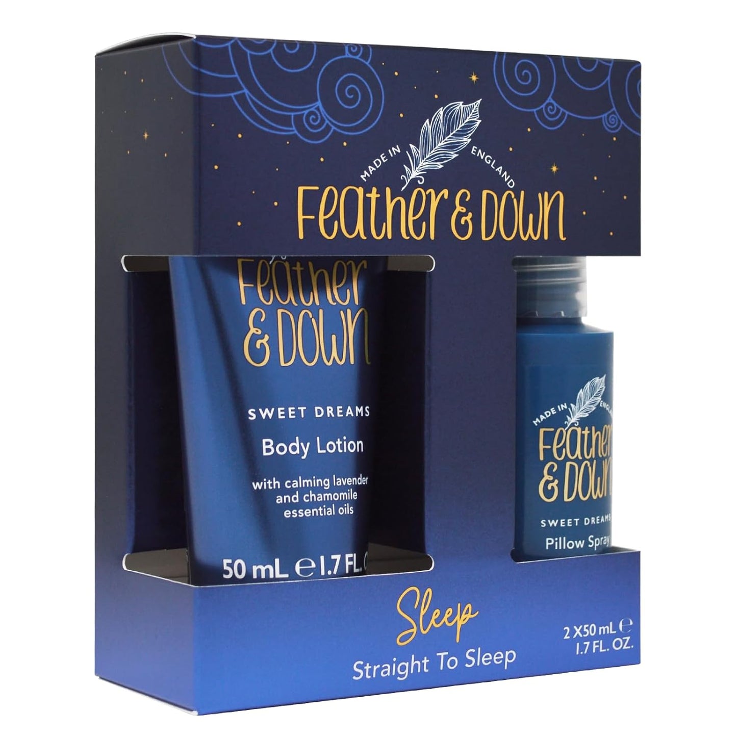 Feather & Down Straight to Sleep Gift Set: 50ml Pillow Spray & 50ml Body Lotion, The Perfect Sleep Duo, Infused with Lavender & Chamomile Essential Oils, Vegan & Cruelty Free