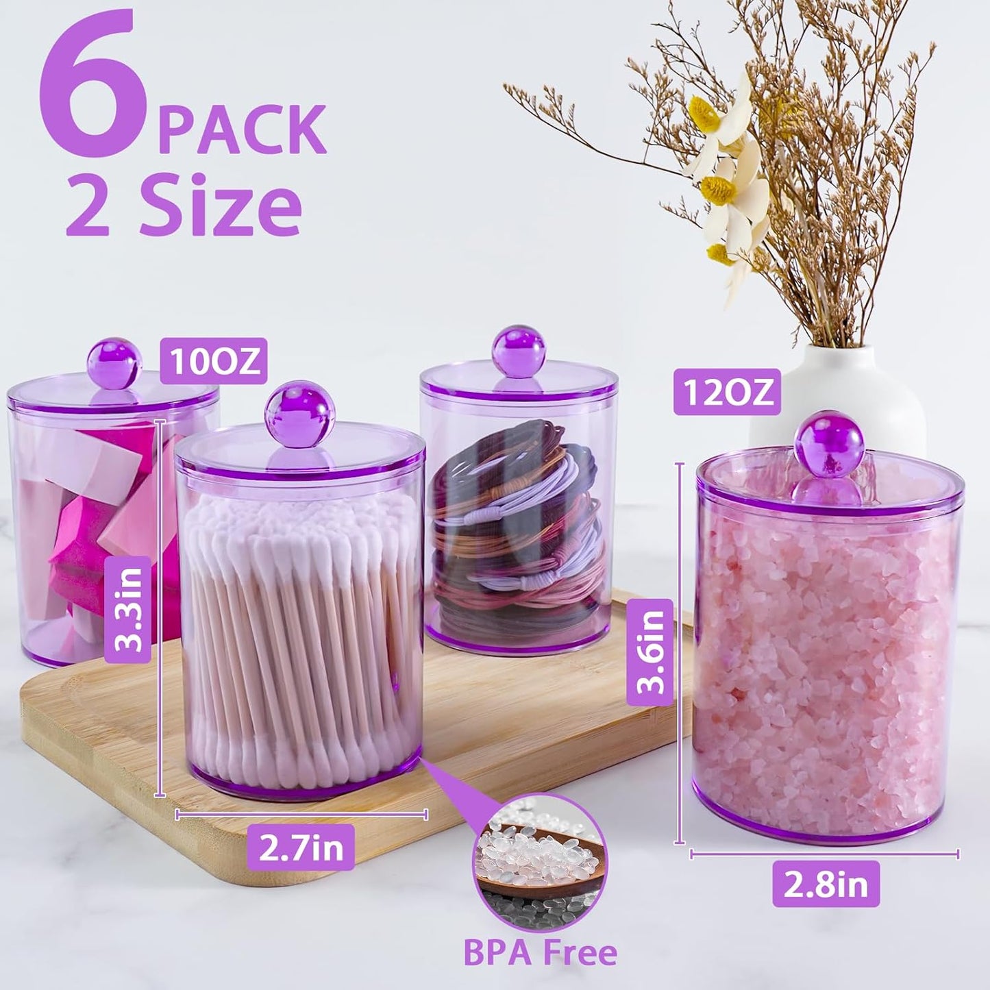 6 Pack Qtip Holder,Canister Apothecary Jar Set, Bathroom Jars with Lids Set for Cotton Swabs, Balls, Pads, Floss Picks,10oz-12oz Plastic Canisters Restroom Bedroom Vanity Organizer(Purple)