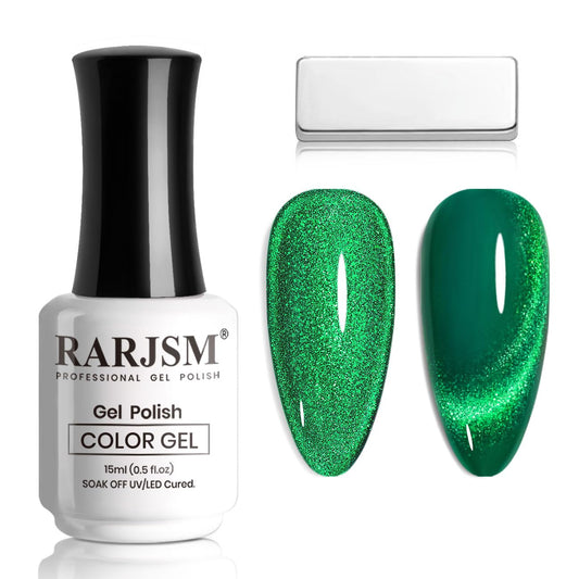 RARJSM Green Cat Eye Gel Nail Polish with Magnet Stick Diamond Emerald Green Velvet Cateye Gel Polish 15ml Single Bottle Sparkle Shimmer UV LED Curing Requires Soak Off Home Salon Christmas Manicure
