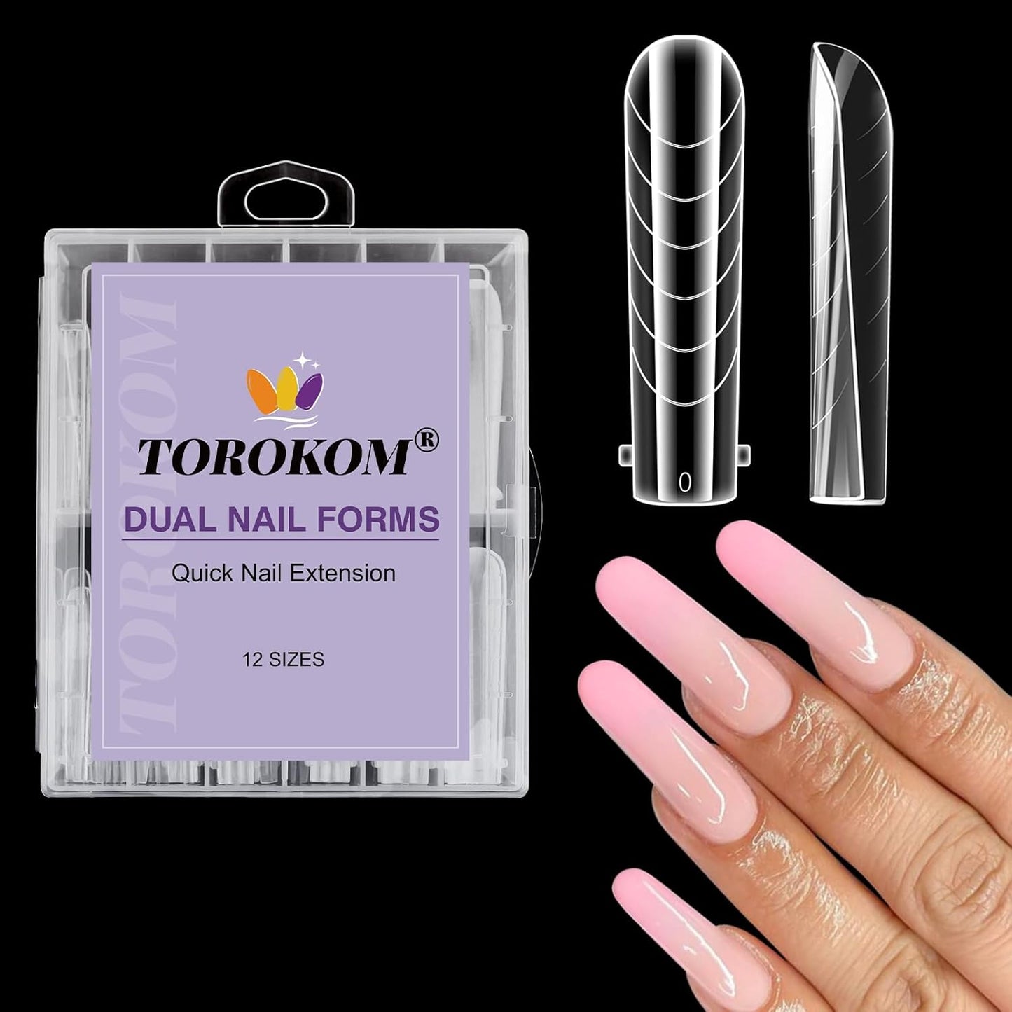 TOROKOM 120Pcs Poly Extension Gel Dual Nail Forms Clear Nail Forms Full Cover Coffin Nail Molds 12 Sizes for Gel Manicure Nail Art Design Salon&DIY