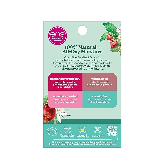 eos 100% Natural & Organic Lip Balm Sticks- Strawberry Sorbet, Vanilla Bean, Sweet Mint & Pomegranate Raspberry, Lip Care Products, 0.14 oz, 4-Pack