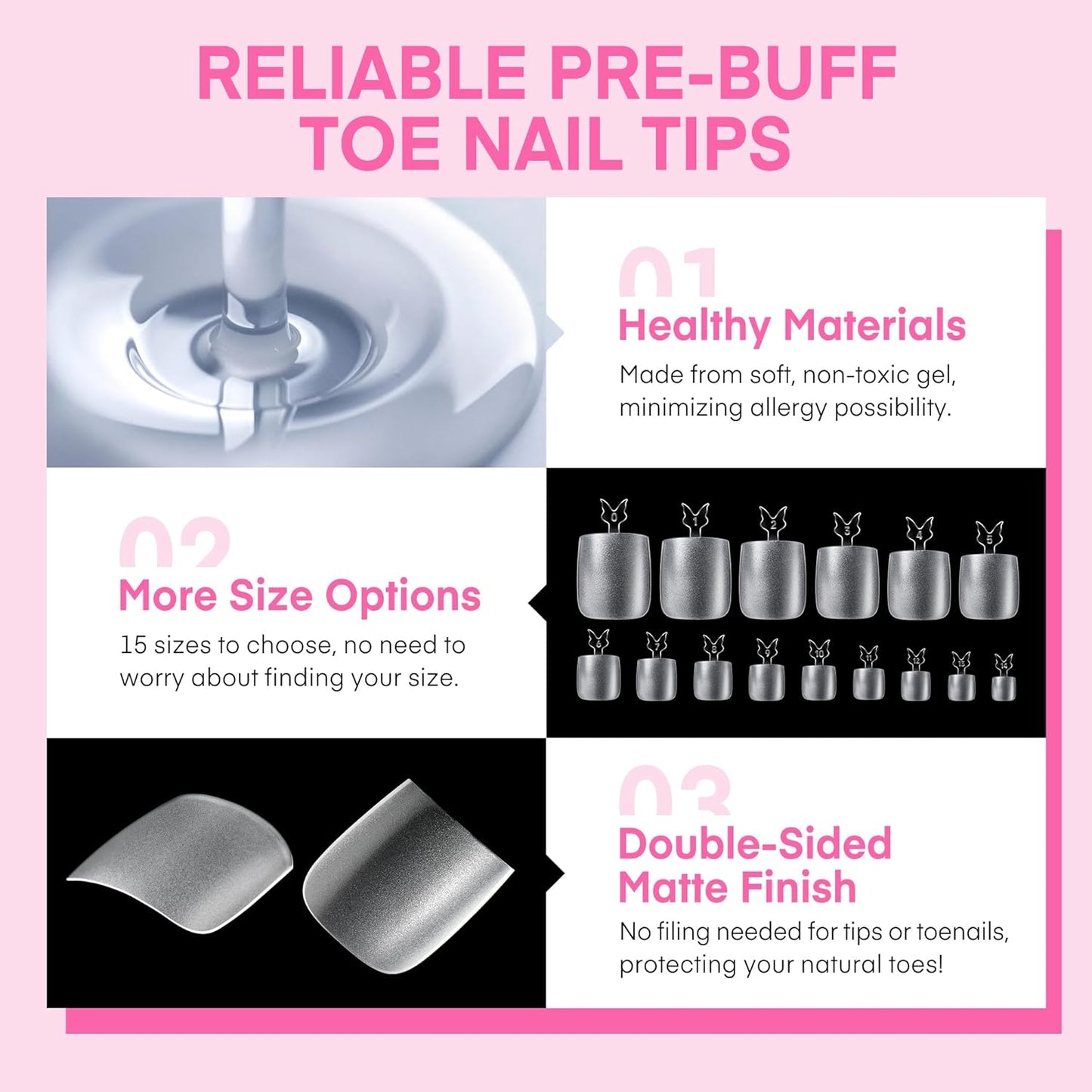 UNA GELLA Square Toe Nail Tips 216Pcs 15Sizes Full Cover Long Wider Toe Nail Tips Soft Gel Pre-Etched Double Matte Fake Toe Nail Press Ons for Big Toe Nail Extensions Home DIY Nail Salon Soak Off