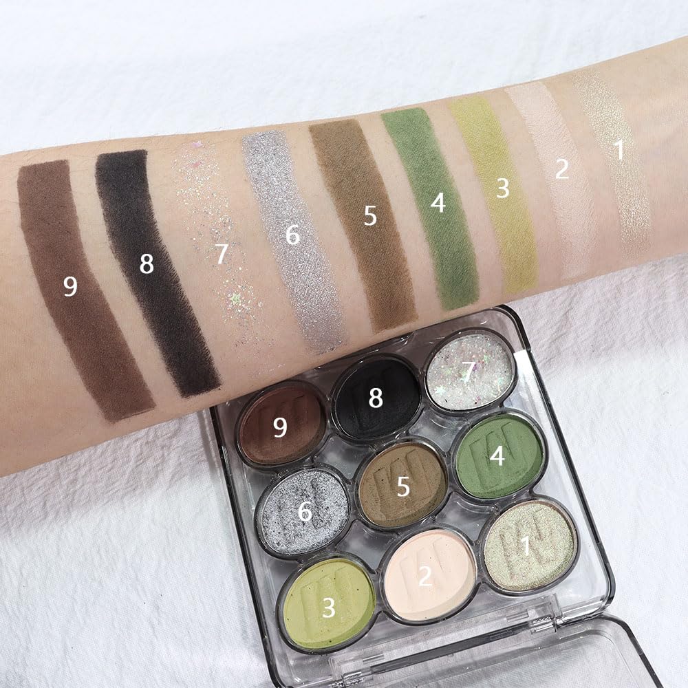 SUAKE Waterproof 9 Colors Shimmer Matte Eyeshadow Palette.Longwearing Highly Pigmented Glitter Eye Makeup Palet. Sparkle Pearlescent paleta de sombras 1# Gold Green