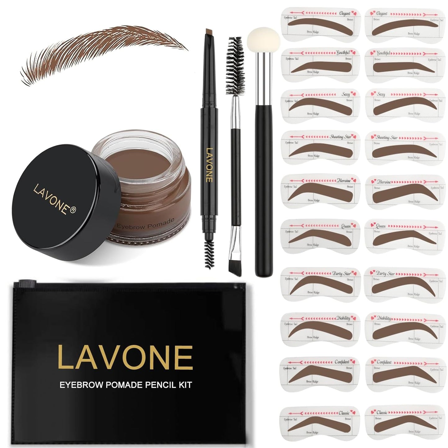 LAVONE Eyebrow Stamp Stencil Kit - Brow Stamp Trio with Waterproof Pencil, Pomade, 20 Stencils, Dual-ended Brush and Sponge Applicator - Brunette