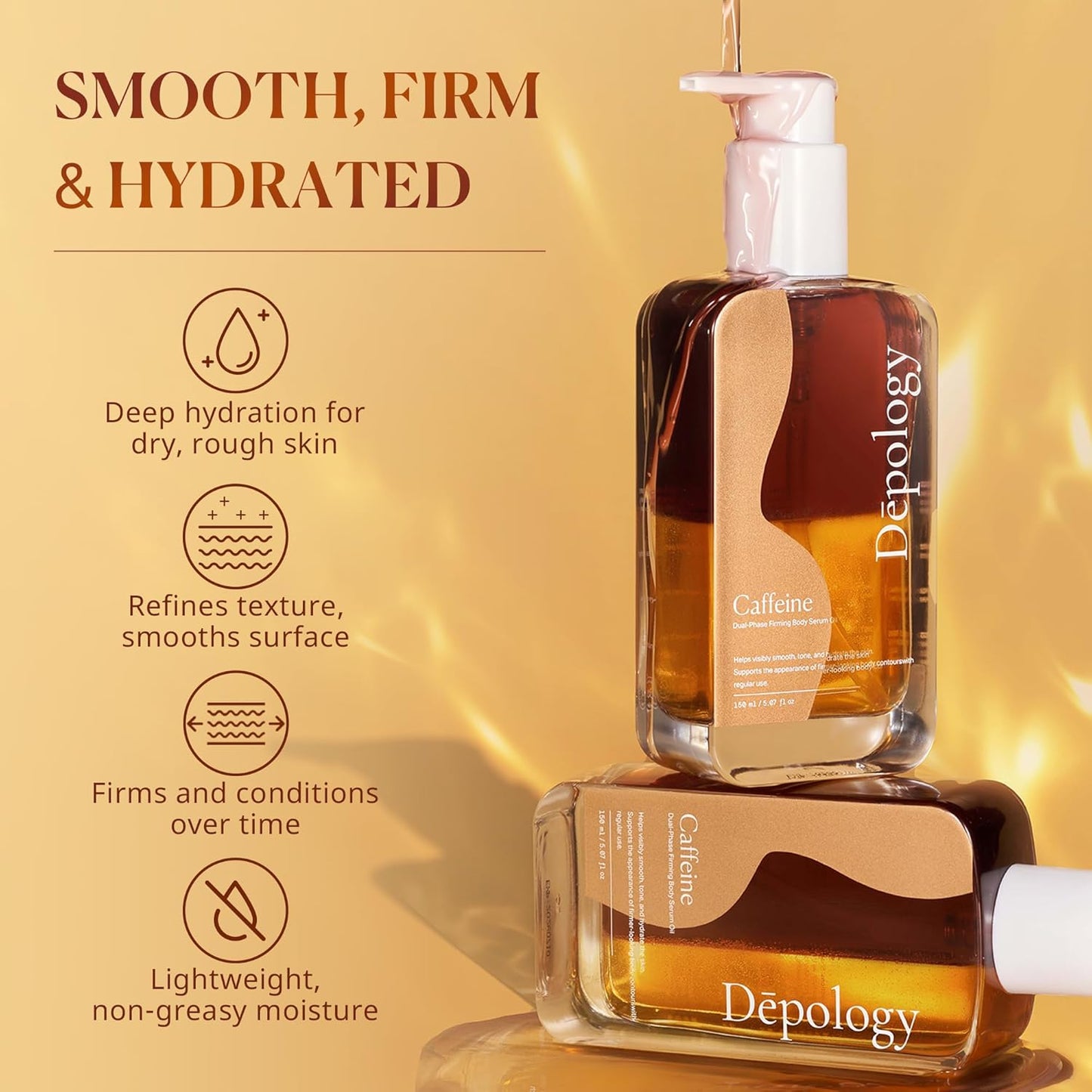 depology Caffeine Body Firming Serum Oil – Non-greasy Hydrating Body Glow Dual-Phase Oil for Dry, Aging Skin with Gua Sha Tool – Skin Tightening Oils with Squalane, Camellia & Caffeine – 5.07 fl oz