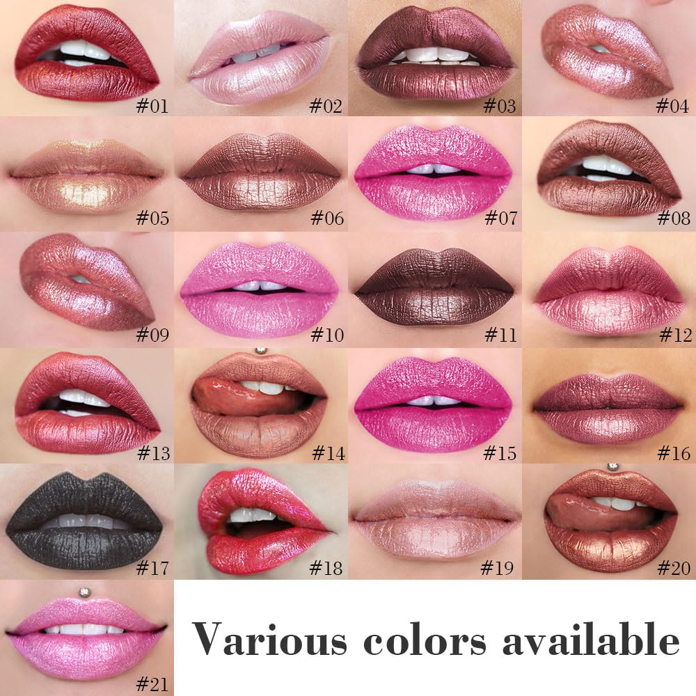 evpct Warm Pink Metallic Glitter Lip Liner and Lipstick Combo Set Long Lasting Waterproof, Metallic Shimmer Lip Gloss Stain Makeup for Women, Warm Pink Frosted Iridescent Glossy Liquid Lipstick 19