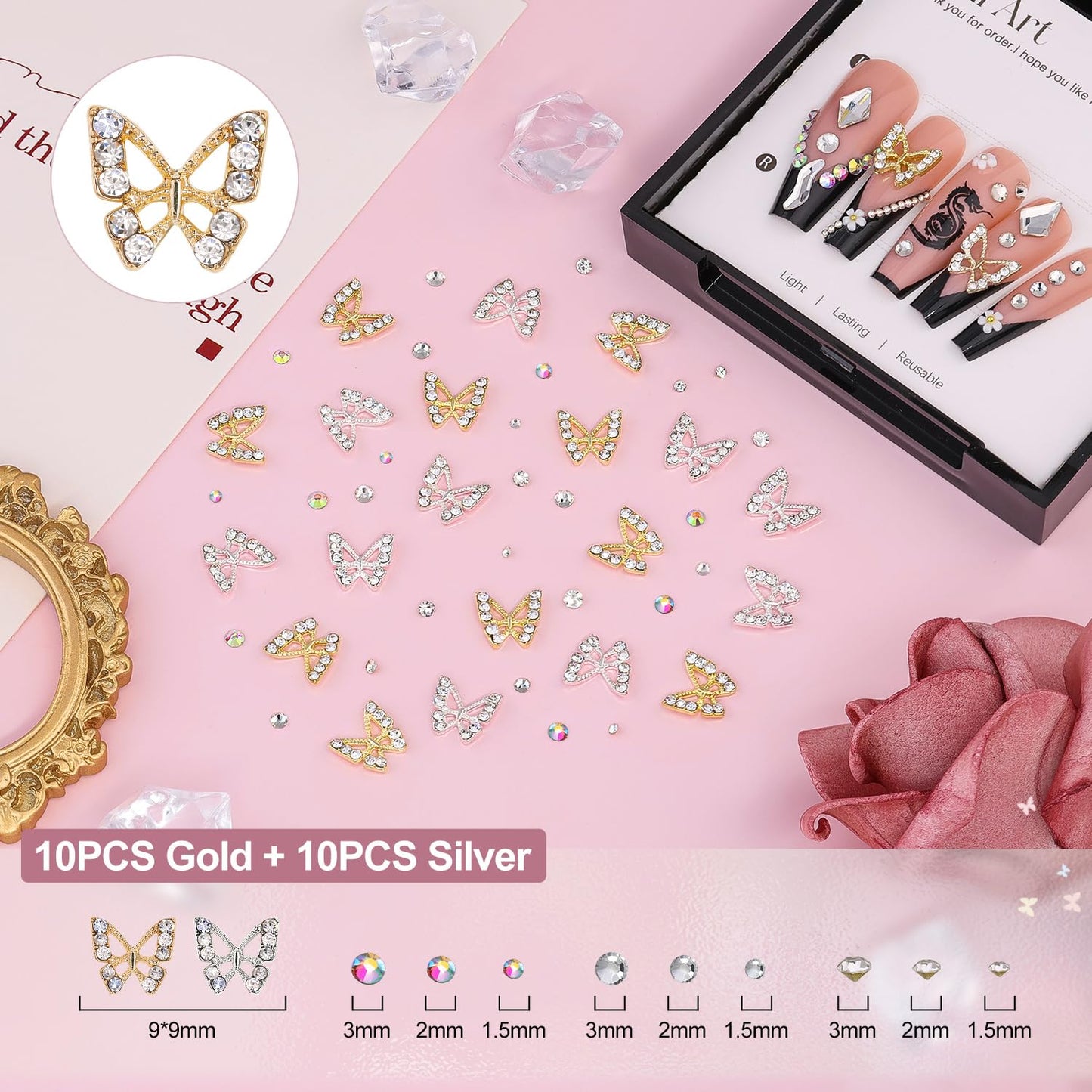 3D Nail Charms and Gems Set 9, 20PCS Chunky Butterfly Charms + 60PCS Coquette Nail Bows in 2 Styles + 3D Flowers for Nails with Rhinestones, Pearls, Diamonds, and Picker Tools for Y2K Nail Decor