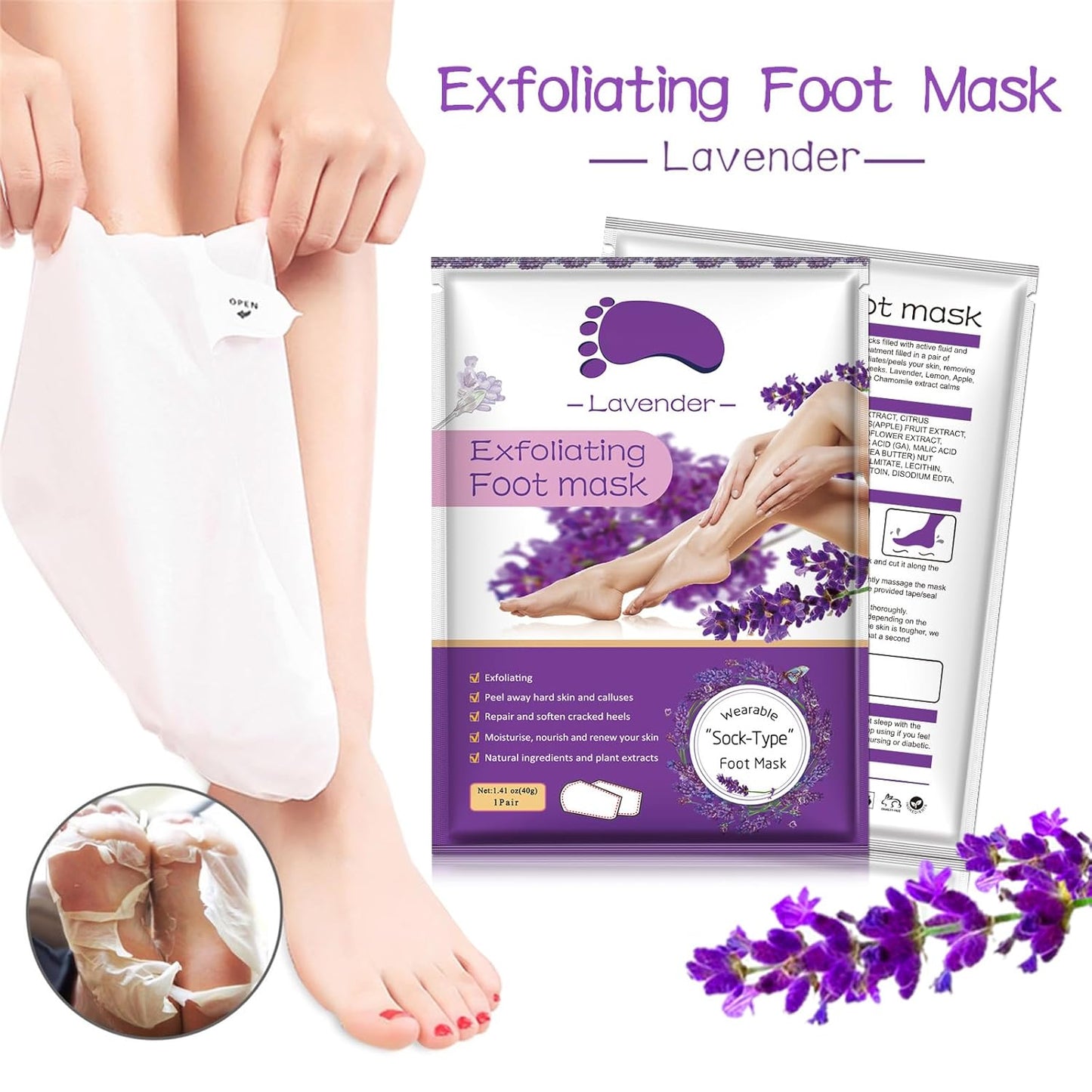 Foot Peeling Mask 5 Pack, Moisturizing Socks for Dry Foot Care, Hydrating Feet Peel Masks Repair Dry Cracked Heels, Remove Dead Skin,Callus - Women Men (Lavender)