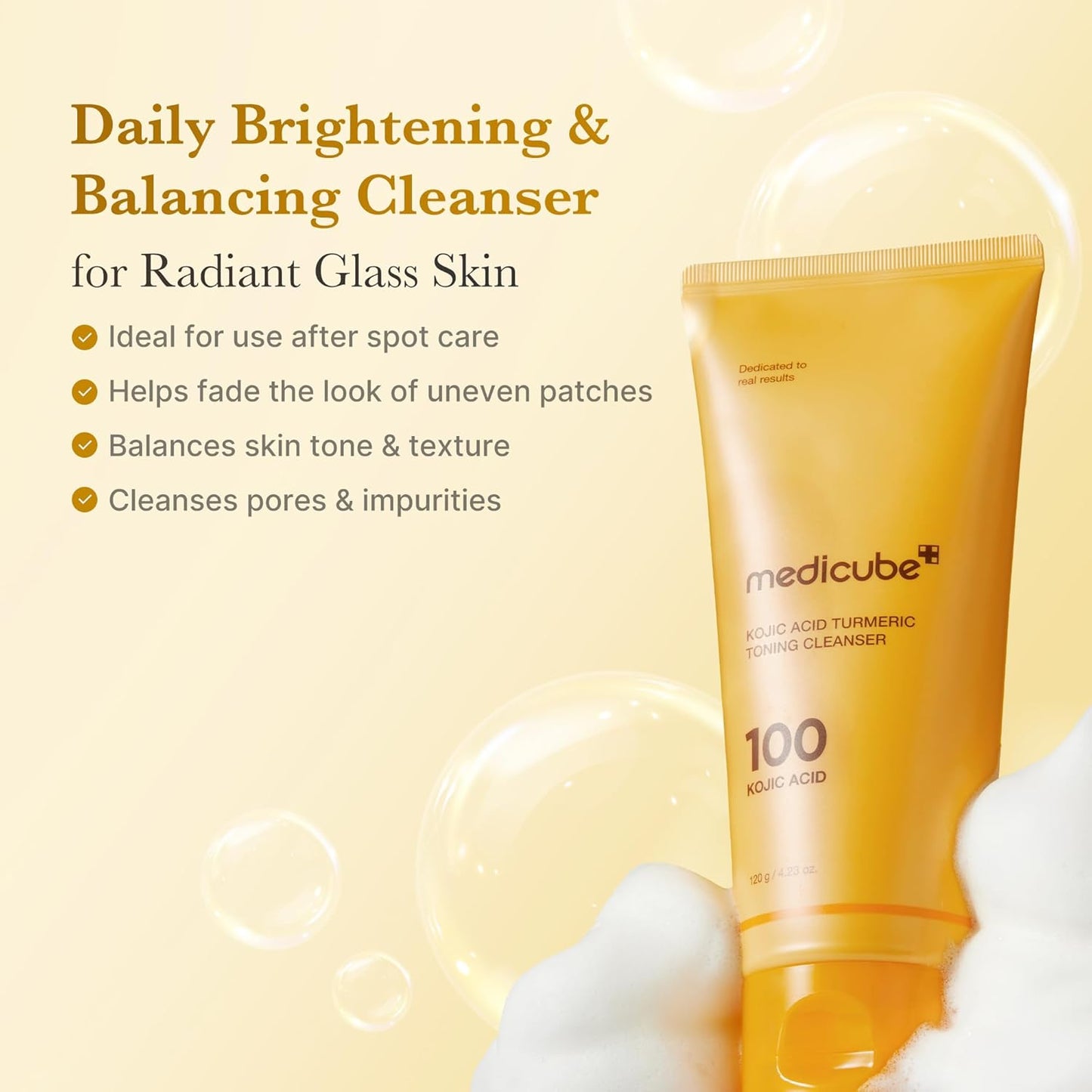 medicube Kojic Acid Turmeric Whip Cleanser | Daily Facial Cleanser for Brightening, Balancing Skin Tone & Texture | Fade Appearance of Uneven Patches & Ideal for Use After Spot Care | Korean Skincare