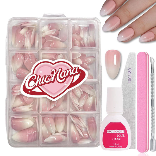 Ombre Press On Nails - 240Pcs Short Almond Press on Nails, White Nail Tips Pink White Gradient Soft Gel False Nail Tips Salon Perfect Fake Nails Kit Extensions DIY (Short Almond)