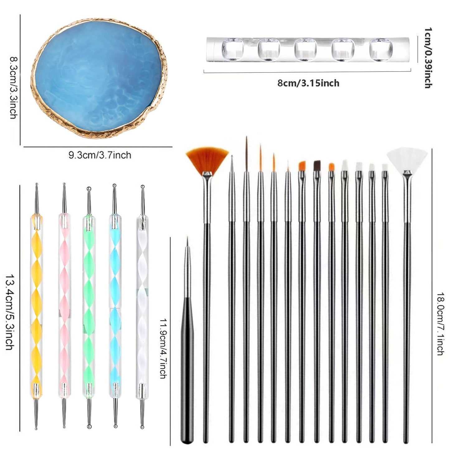 Nail Art Brush 22-Piece Set, 2-Way Acrylic Silicone Engraving Pen Dotting Pen Tools Nail Art Kit, Resin Nail Art Palette, For Nail Art DIY Home Salon Makeup Display Board (Blue)