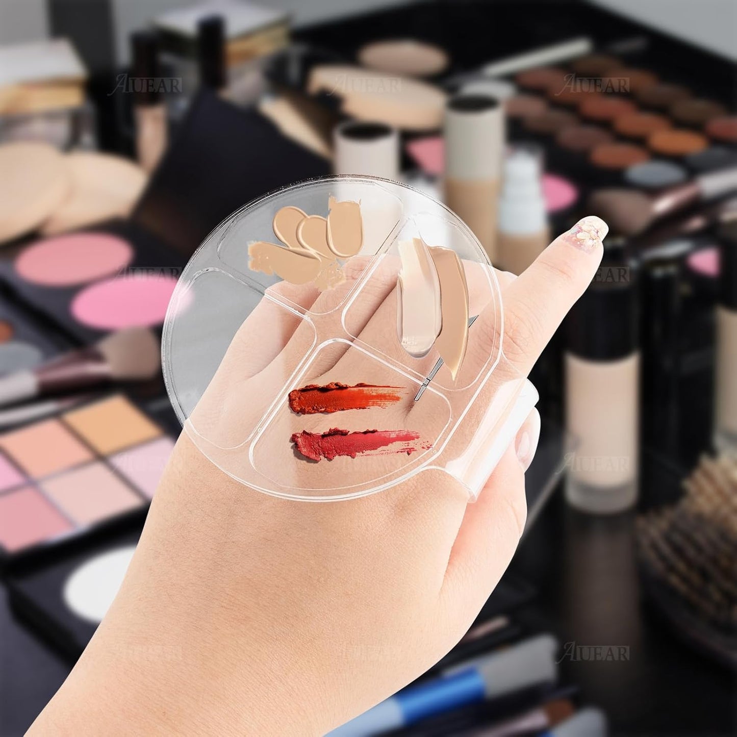 AUEAR, 2 Pack Hand Makeup Mixing Palette Handheld Palette Clear Makeup Cosmetic Palette Nail Art Manicure Palette with 2 Pieces Spatula for Mixing Foundation