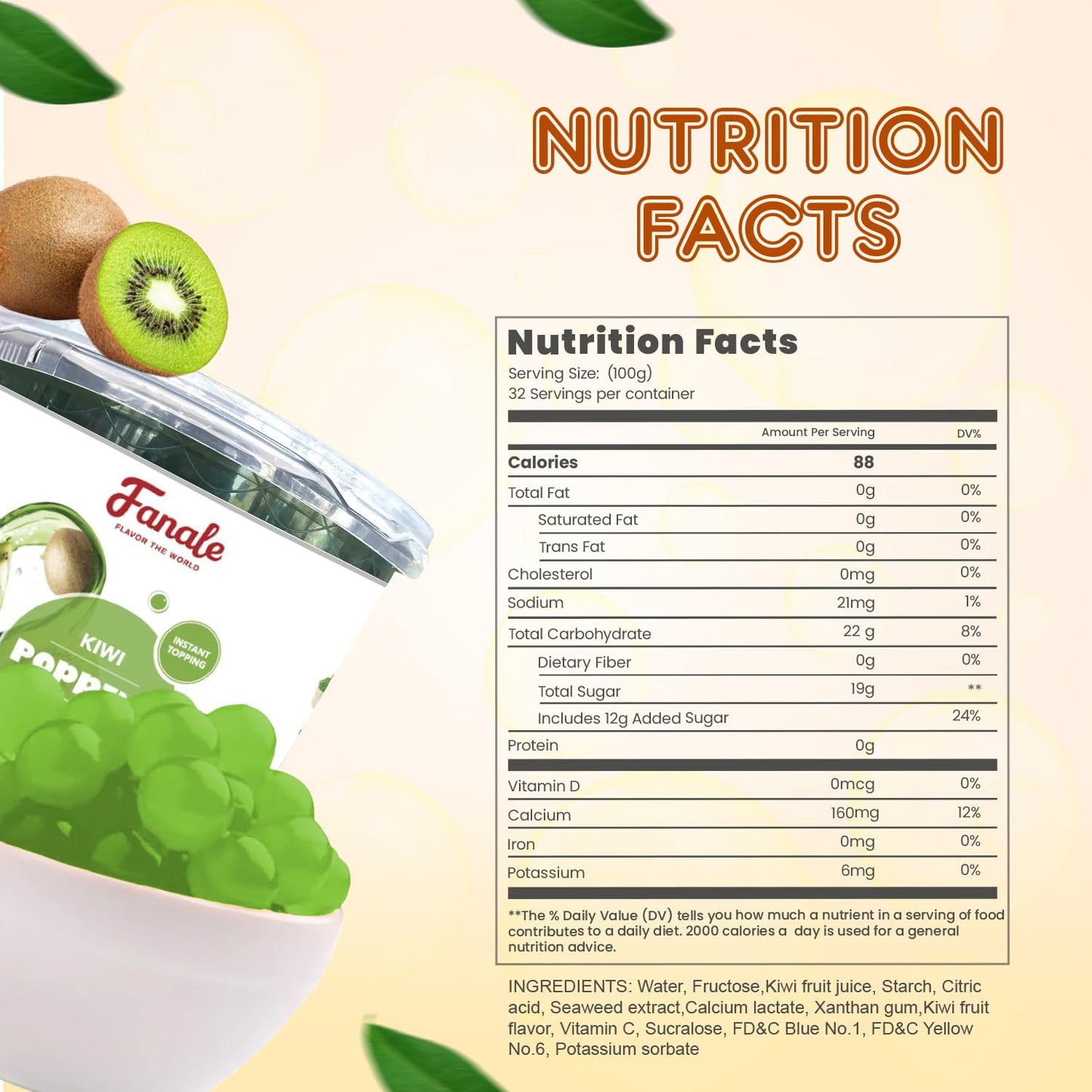 Fanale Kiwi Popping Boba Pearls, Vegan, Non GMO, Gluten Free, Fat Free, Perfect for Bubble Tea, Smoothies, Ice Cream, Desserts, and Beverages.