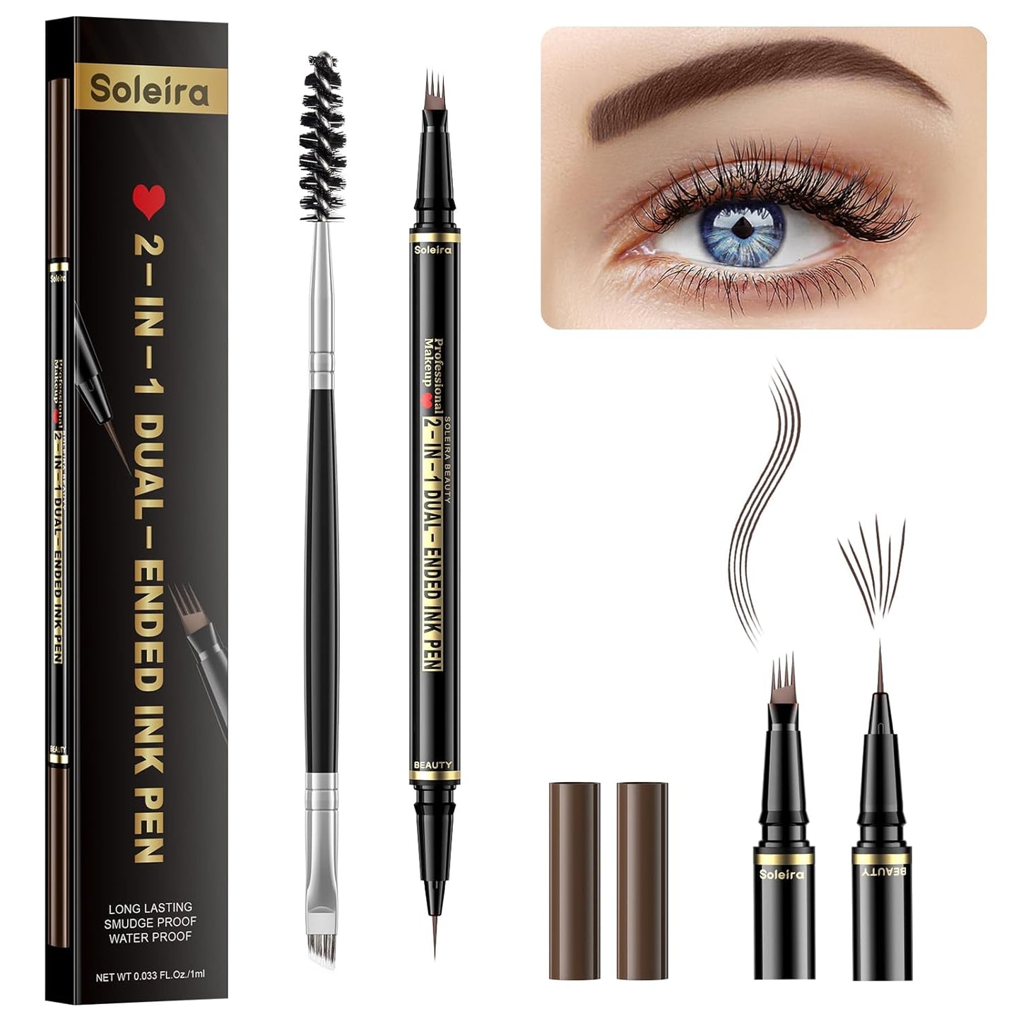 Eyebrow Pen, Soleira Waterproof Eyebrow Pencil with 4 Tip Microblading Eyebrow Pen and Dual-ended Eyebrow Brush, for Natural-Looking Brows, Long-Lasting, COFE Dark Brown