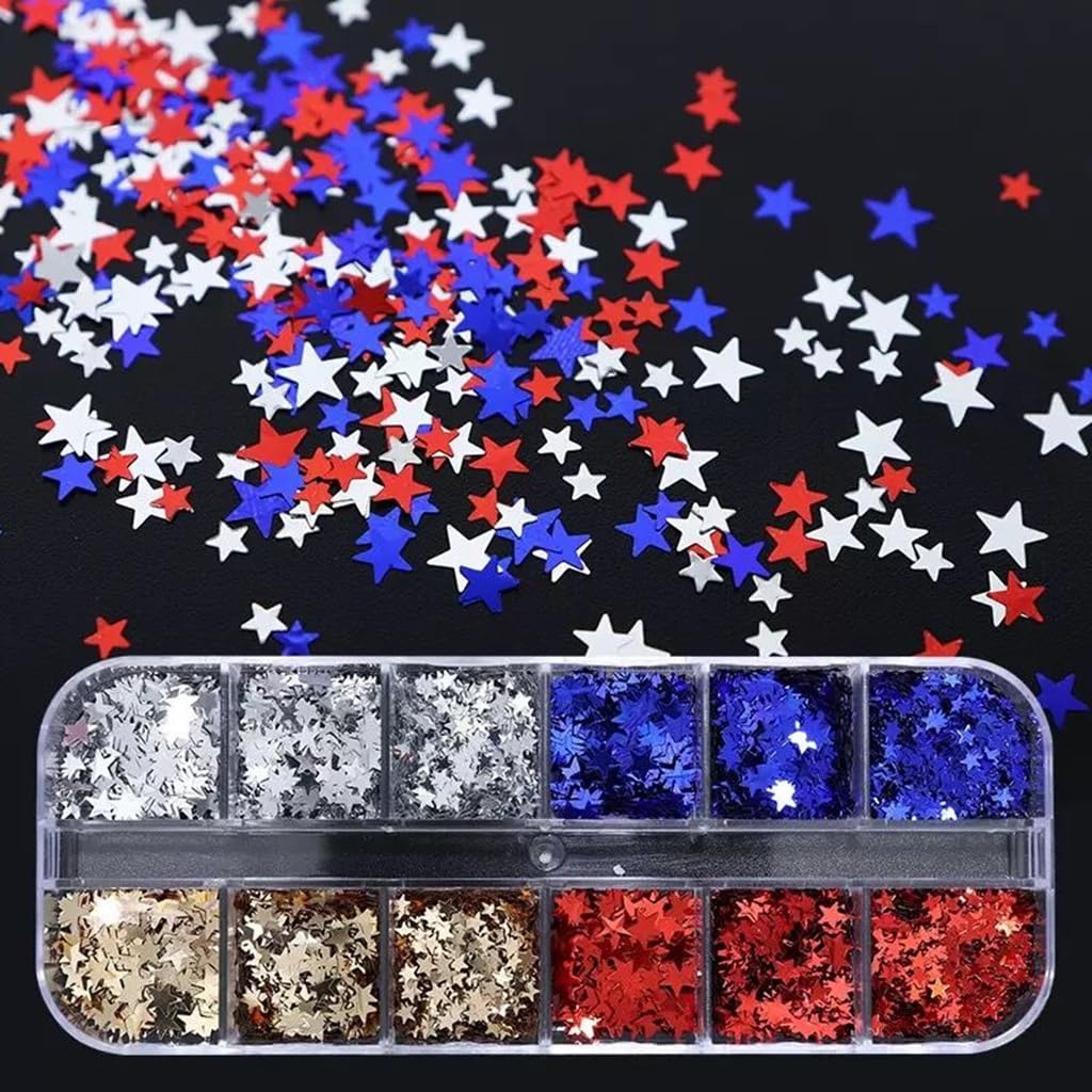 Star Glitter Nail Sequins, 3 Boxes Holographic Star Nail Art Flakes Red Blue Glitter Sticker Decals Independence Day Nail Sequins Manicure DIY 4th July Decorations 36 Styles