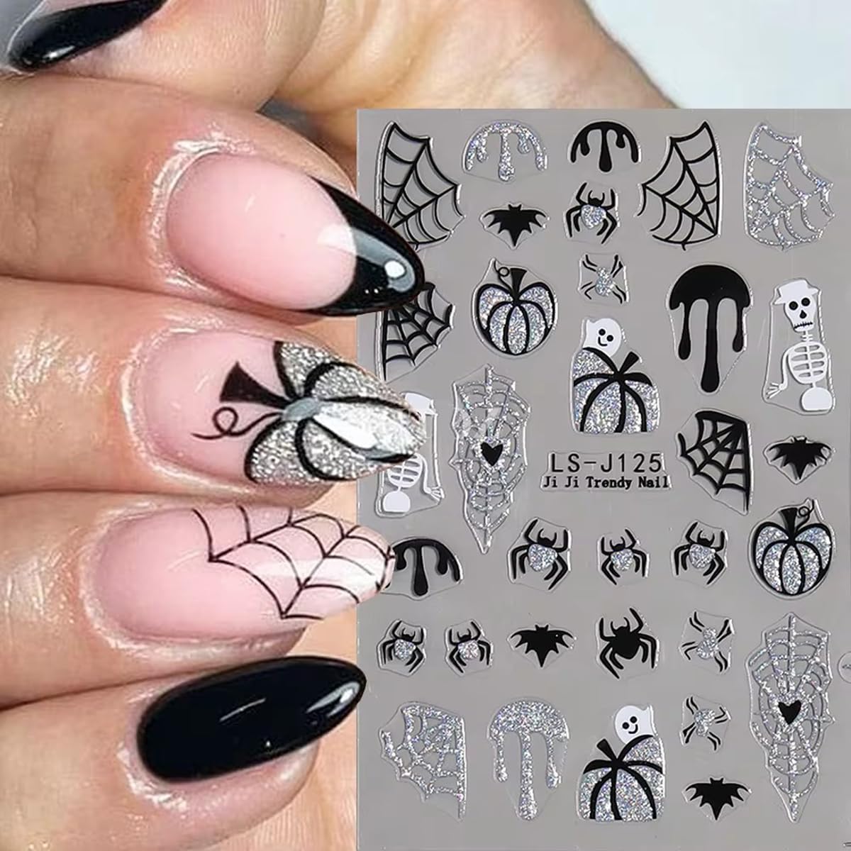8 Sheets Horror Goth Nail Art Stickers Halloween Nail Stickers for Nail Art Glitter Bat Spider Web Pumpkin Design Luminous Ghost Nail Decals Self-Adhesive Nail Supplies for Women Manicure Decor