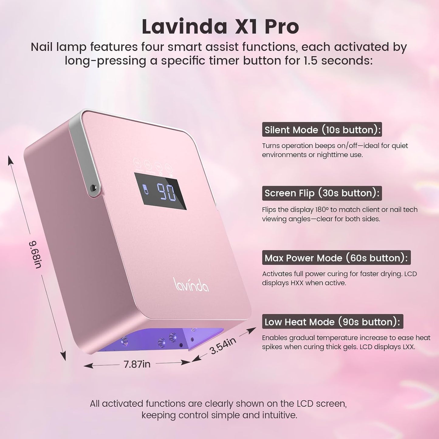 Lavinda 60W Large UV LED Nail Lamp with Portable Handle, Rechargeable 5200mAh Nail Dryer with Dual Controls, Max/Low Heat, 3-Prong Safety Adapter & LCD for Salon & Home.