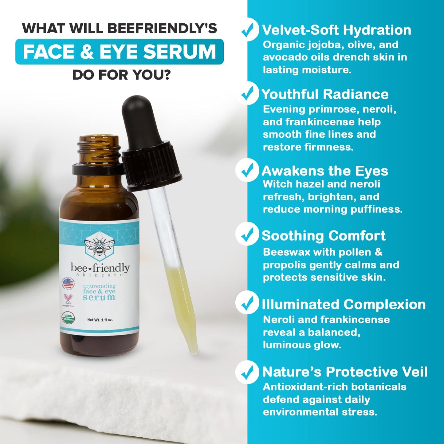 Organic Face & Eye Serum By BeeFriendly, Deep Hydration, Nourishes, Tightens, and Firms Facial Skin, and Lifts Facial Skin USDA Certified & All Natural Serum for Face, Women or Men, 1 oz