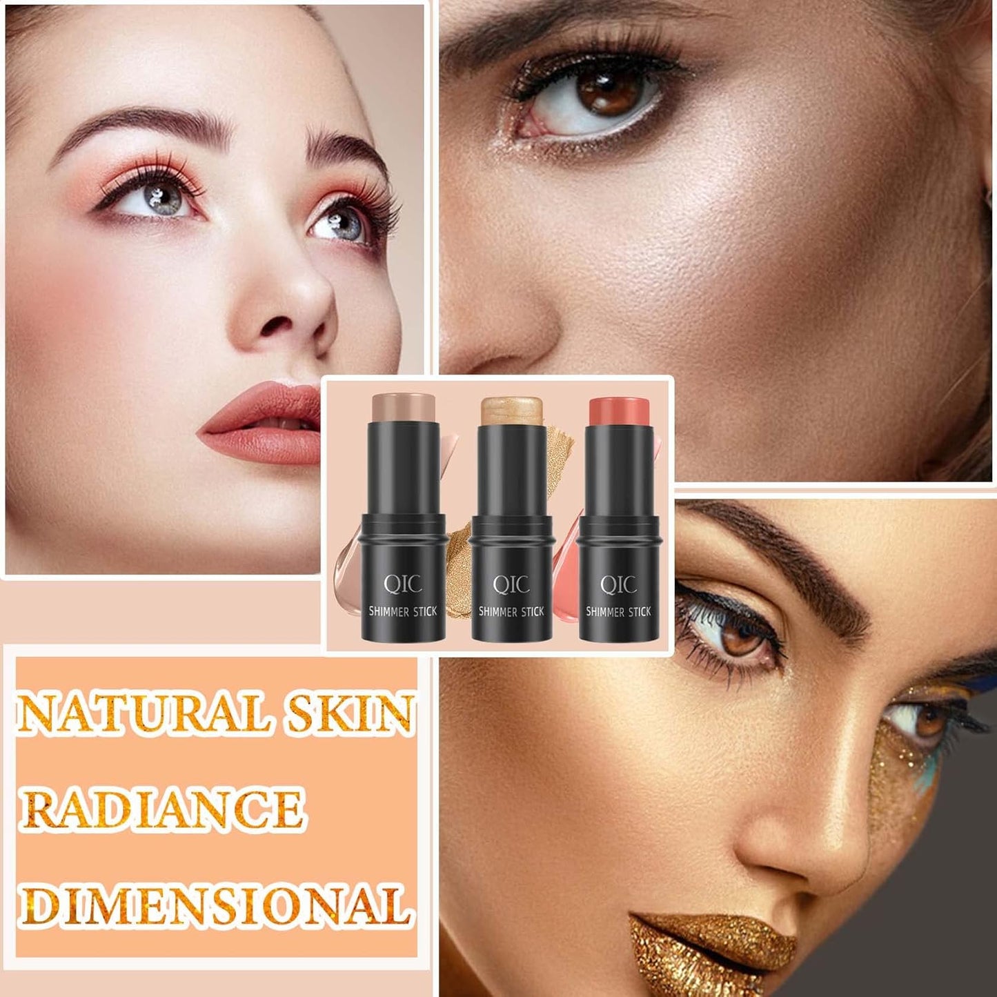 3 PCS Cream Contour Blush Stick,Long Lasting Waterproof Blush Stick for Cheeks&Lips Multipurpose Face Highlighting Concealing Cream,Shimmer Contour Stick Makeup for Women