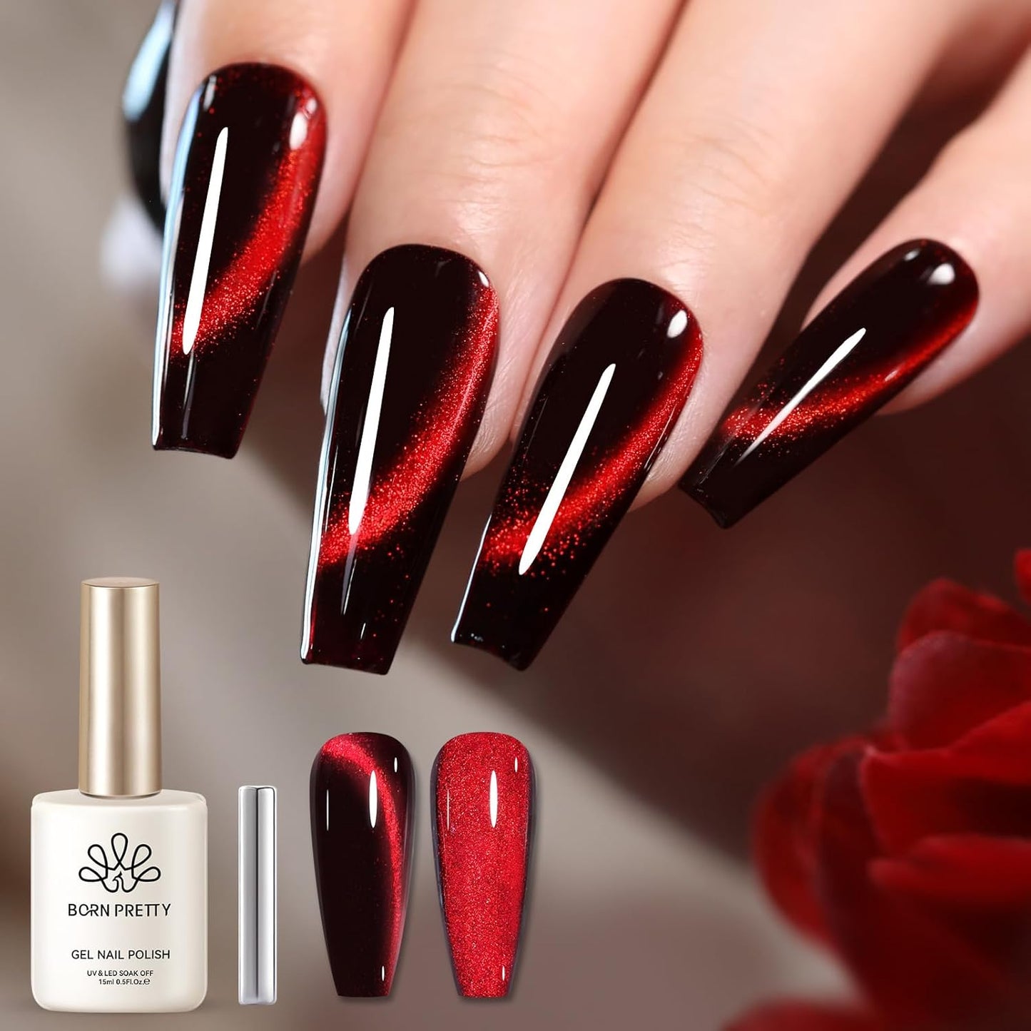 Born Pretty Cat Magnetic Eye Gel Nail Polish, Red Holographic Glitter Shiny Sparkle Crystal Gel Nail Polish Magnetic Nail Polish Salon DIY at Home 15mL