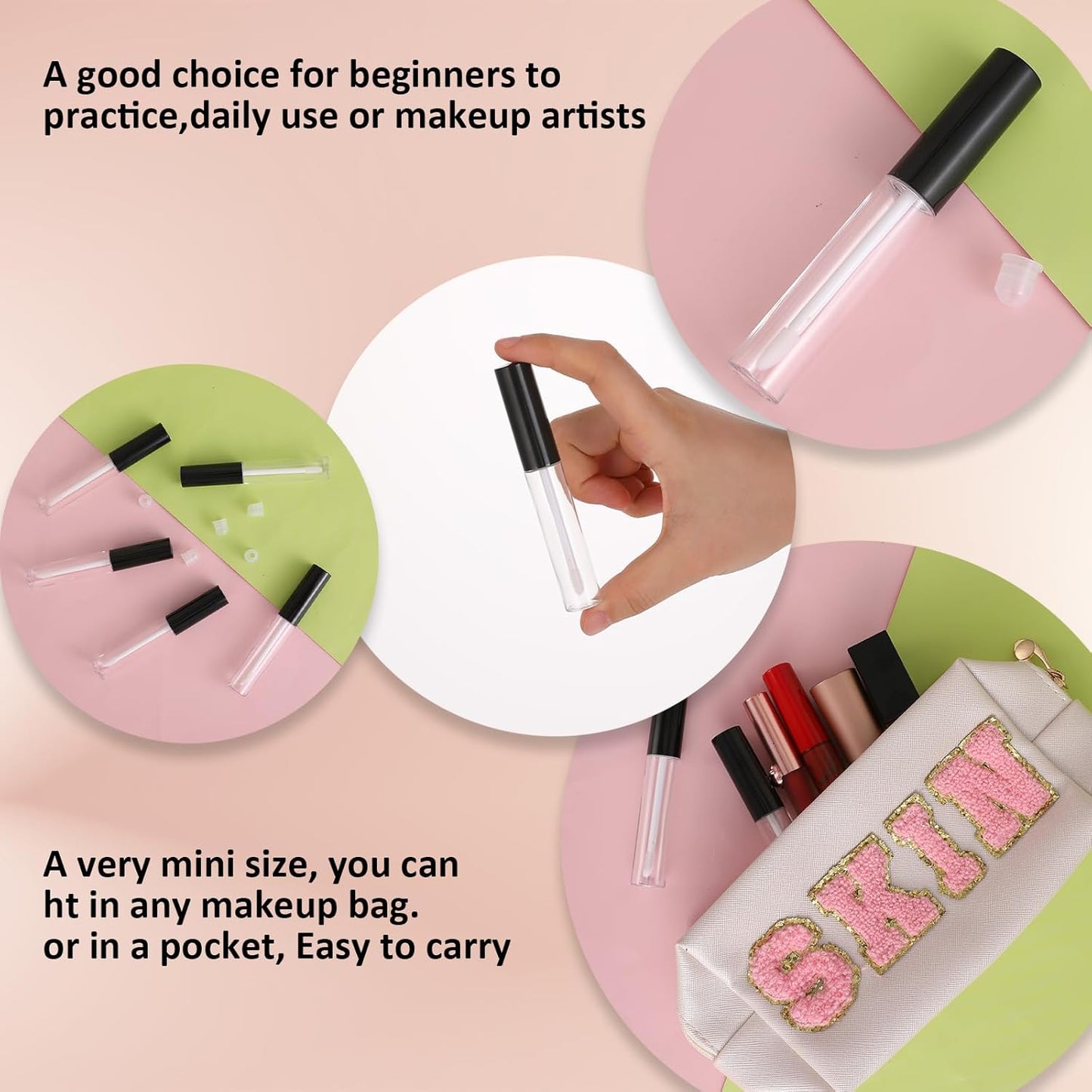 Molain 5PCS Empty Lip Gloss Tubes, 10ml Refillable Cosmetic Containers Bottles Lip Balm Bottles with Wand Concealer for Lipstick Samples, Lip Balms(Black tube cap)