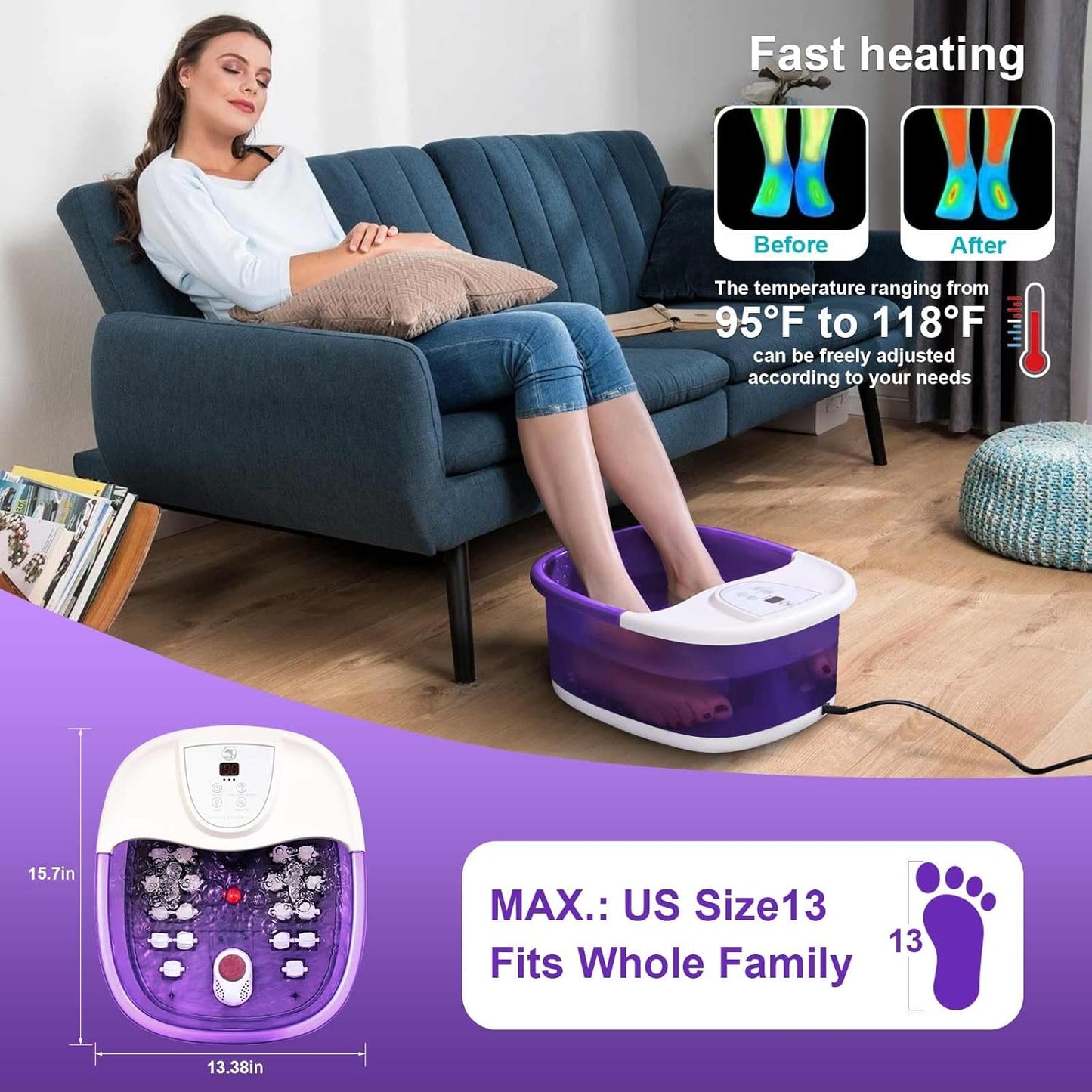 Foot Spa Bath Massager with Heat [2025 Upgraded], Vibration, Temperature Control, Jets, Bubbles and Epsom Salt, Foot Bath Soak Tub with 22 Massage Rollers, Feet Soaking Tub for Relaxation, Purple