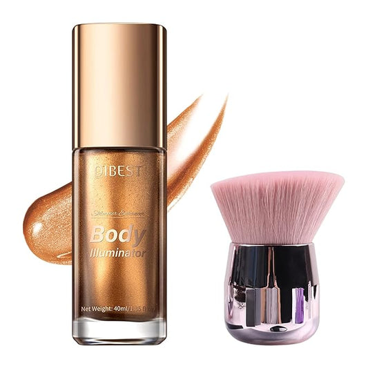 40ml Body Shimmer Oil,Face and Body Liquid Luminizer,Smooth Body Shimmer Oil For Sunshine Bath, Waterproof Moisturizing Light Shimmer Glow Illuminator,Liquid Highlighter Makeup,Makeup Brush Include (3#-Bronze Gold)